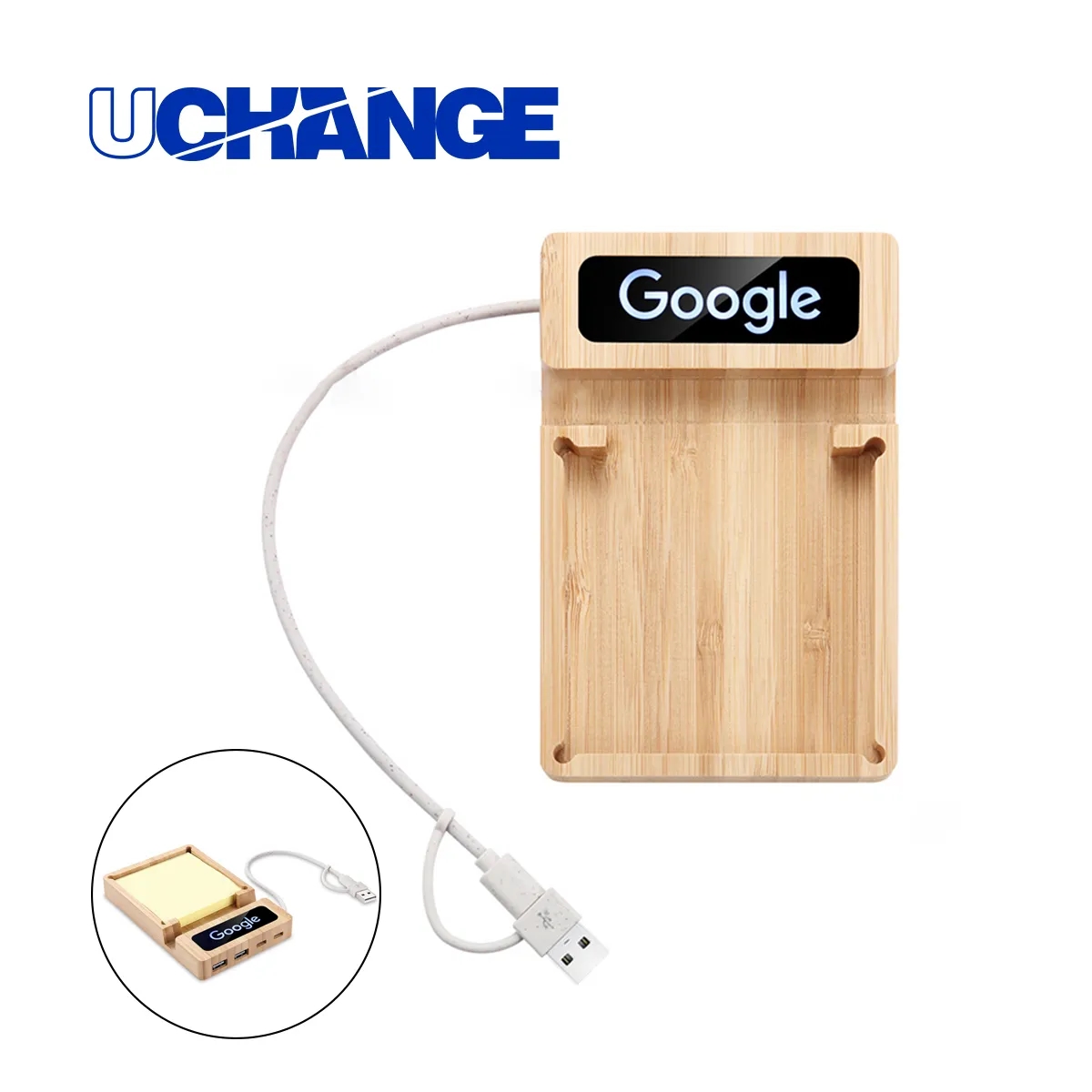 Bamboo USB Hub Desk Organizer With Memo Pad Holder 3