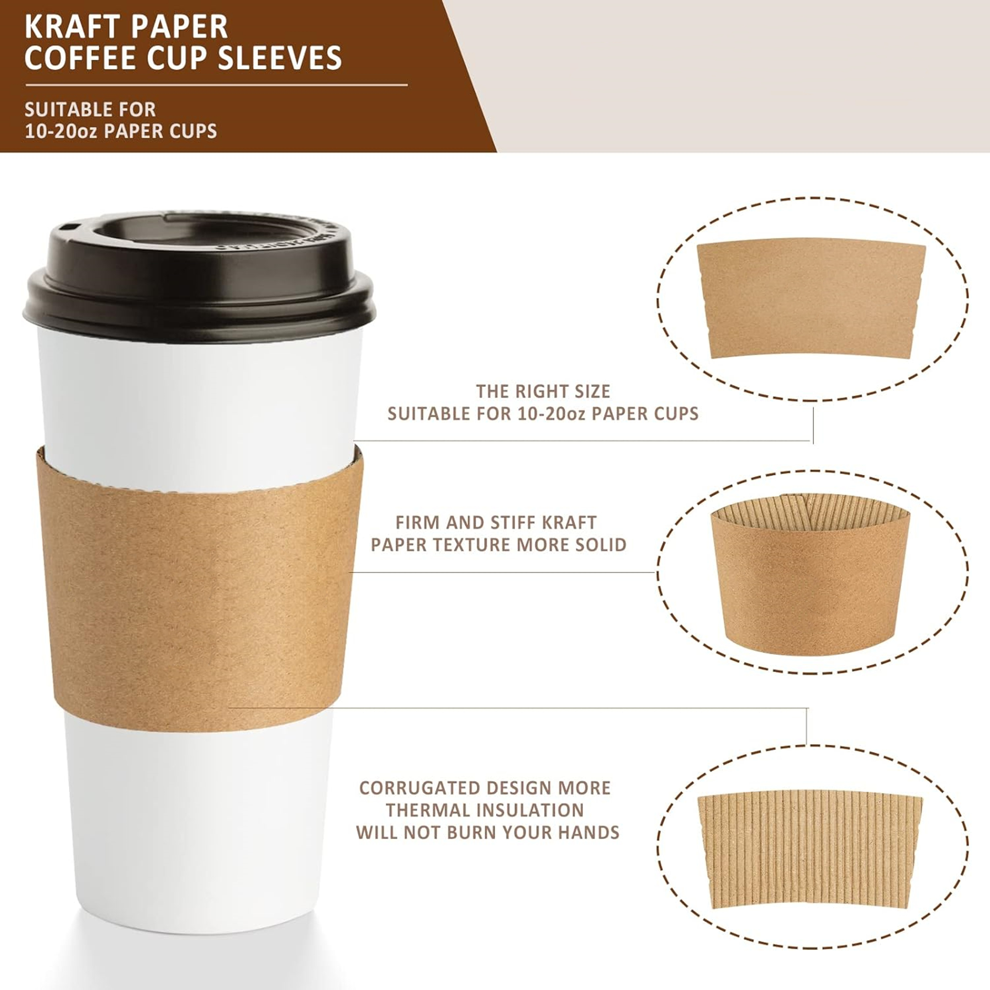 100 Pcs 10-20 oz Kraft Paper Coffee Cup Sleeves 3
