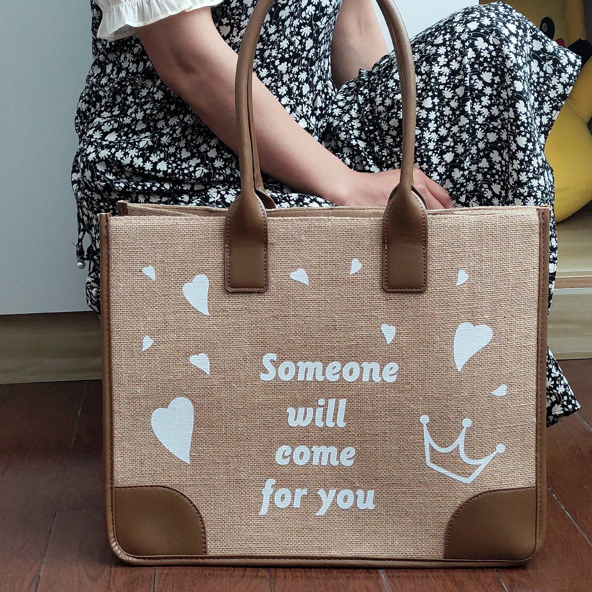 Laminated Jute Tote with Leather Handles, custom tote bag with logo imprint 2