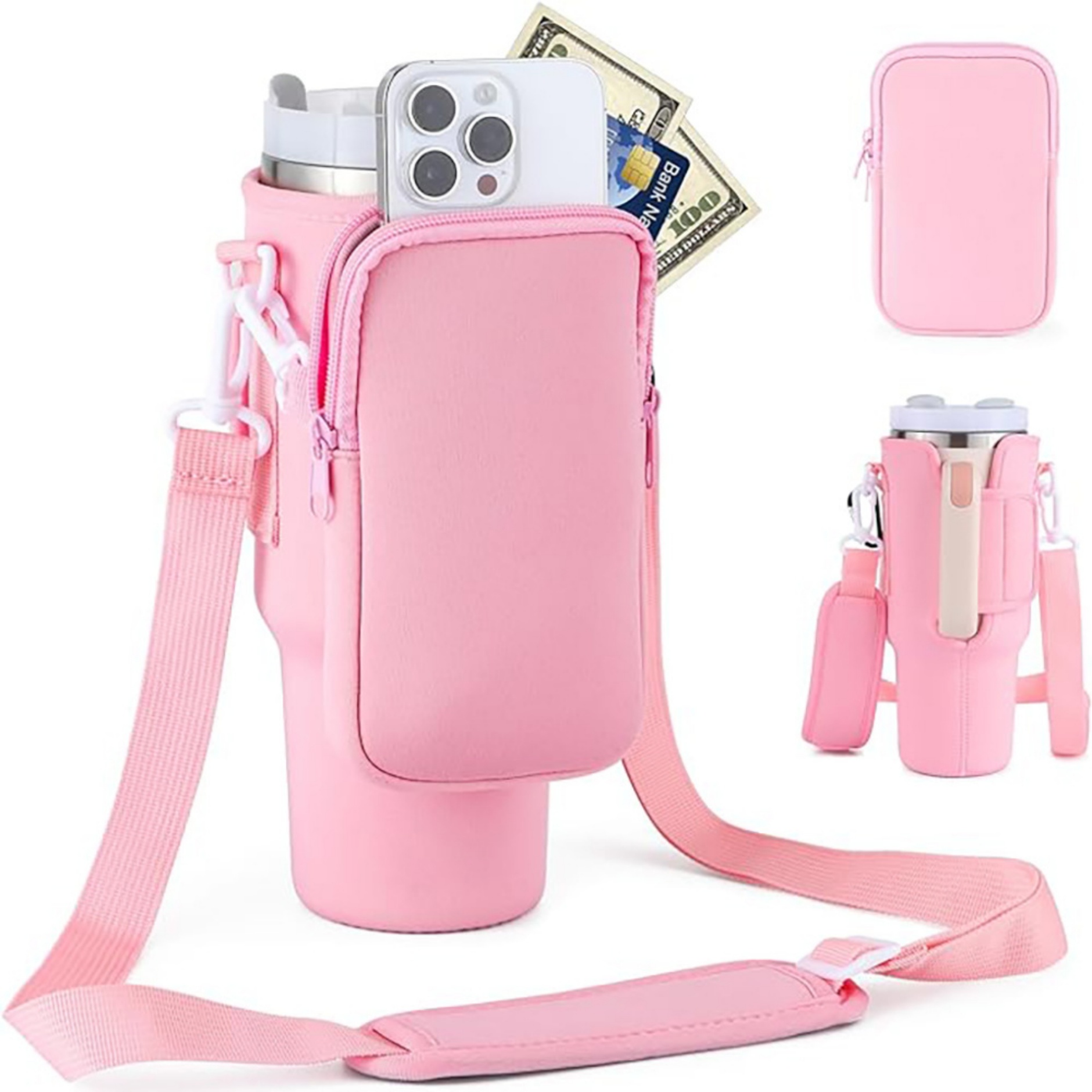 Neoprene Water Bottle Carrier Bag with Detachable Phone Pocket 4