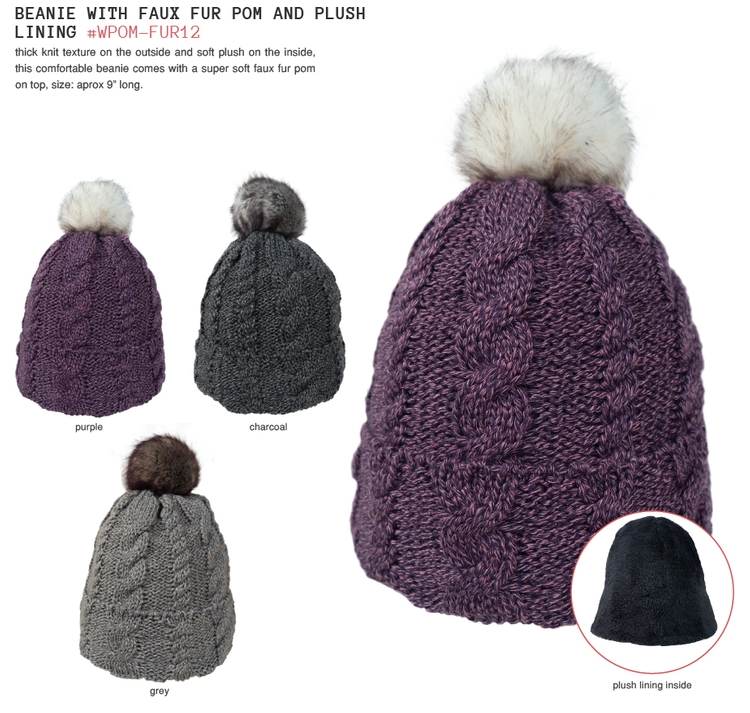 Beanie w/Faux Fur Pom & Plush Lining 1