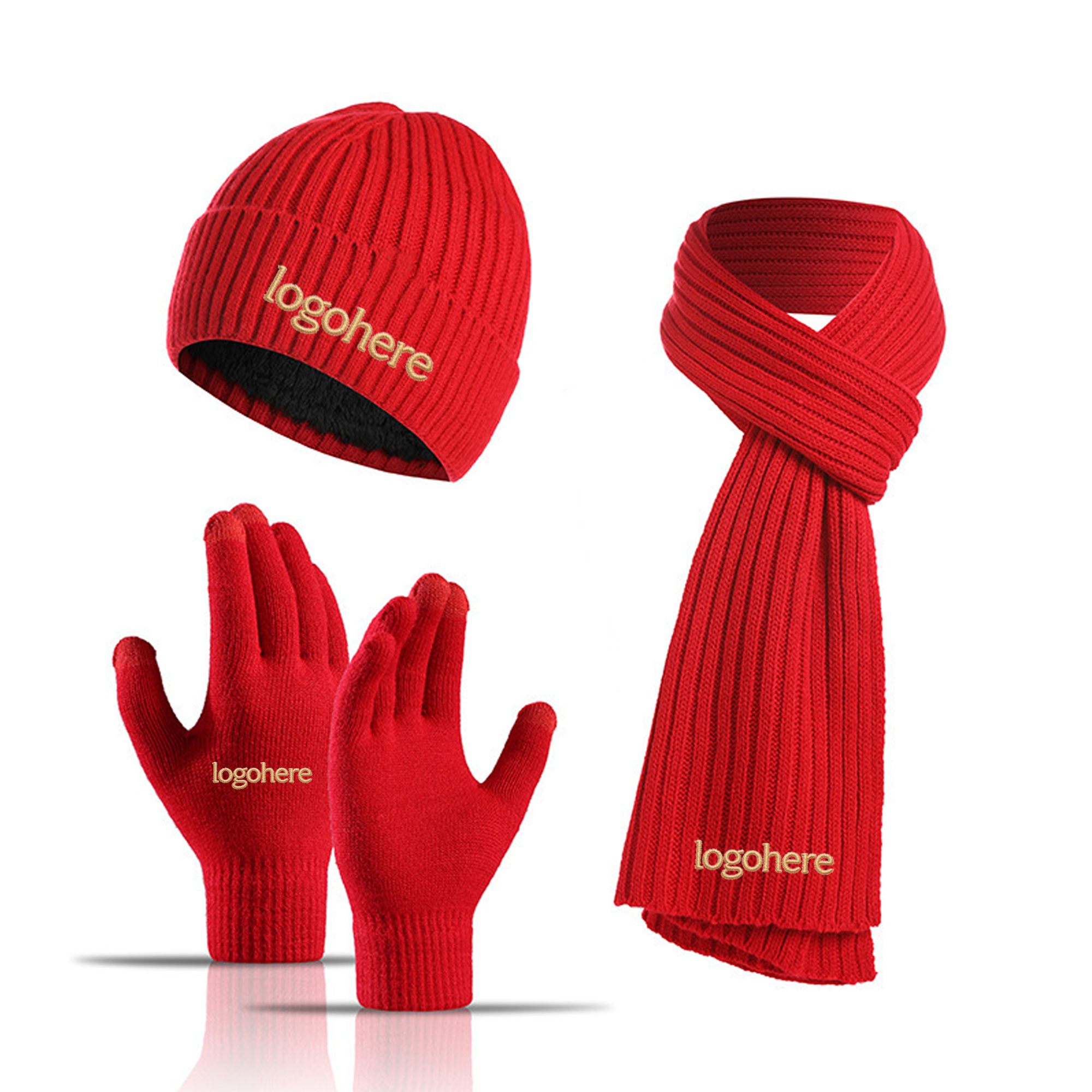 MOQ 10 Embroidered Cold Weather Combo, Beanie Scarf Touch Gloves 10