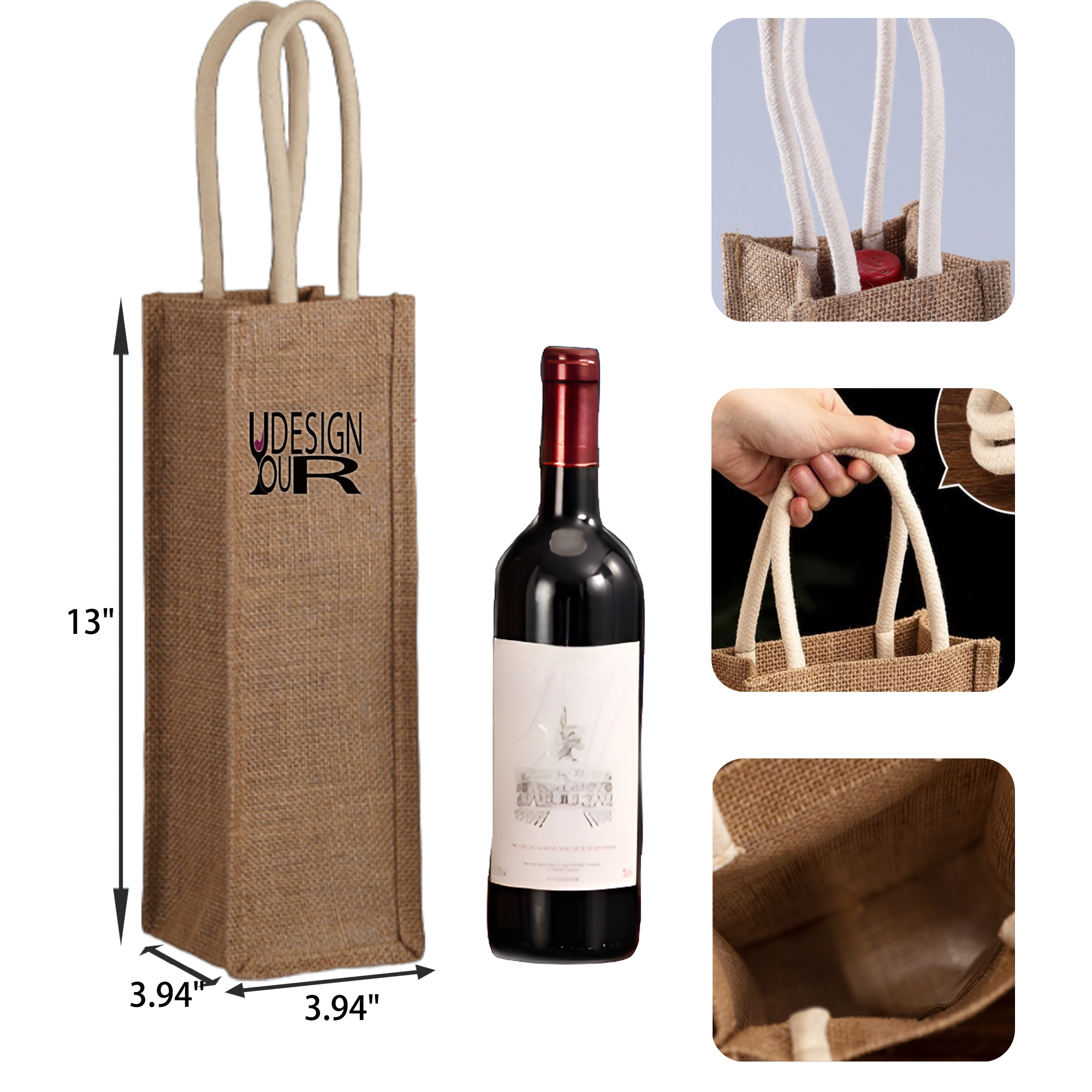 MOQ 50 PCS Sturdy Single Bottle Jute Wine Tote Bag 1