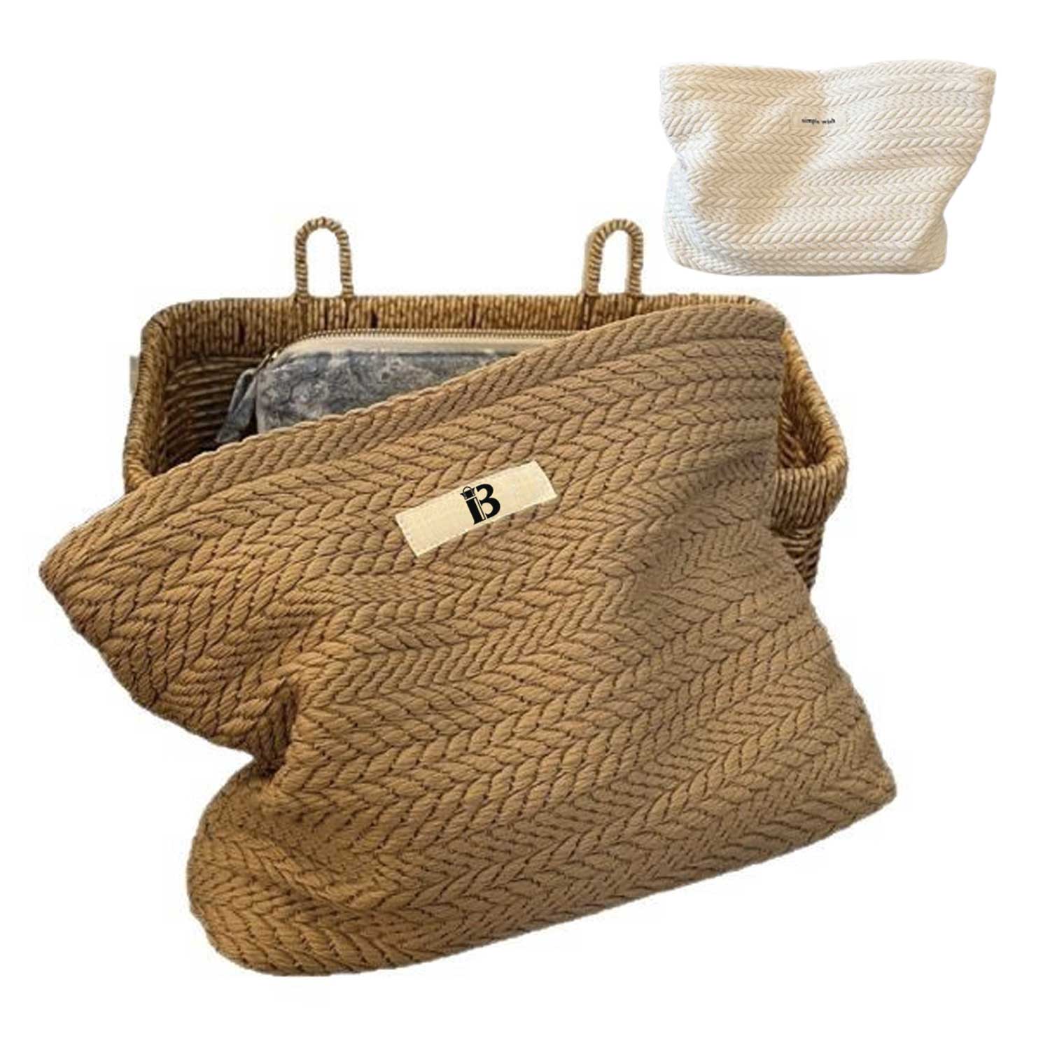 Plaid Woven Makeup Bag - Neutral Grain Pattern Cosmetic Case 5