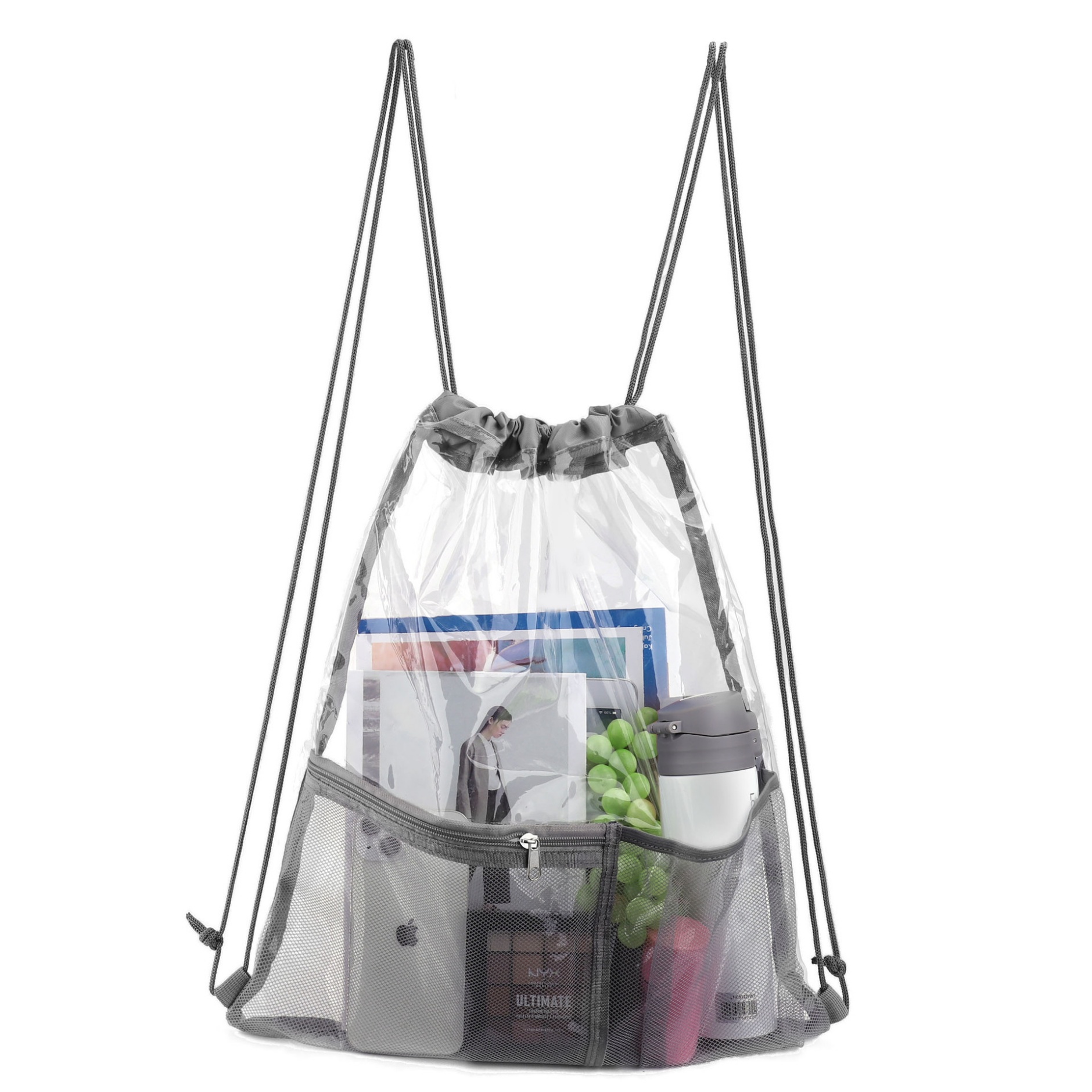 Clear PVC Drawstring Backpack Bag with Front Zipper Mesh Pocket 3
