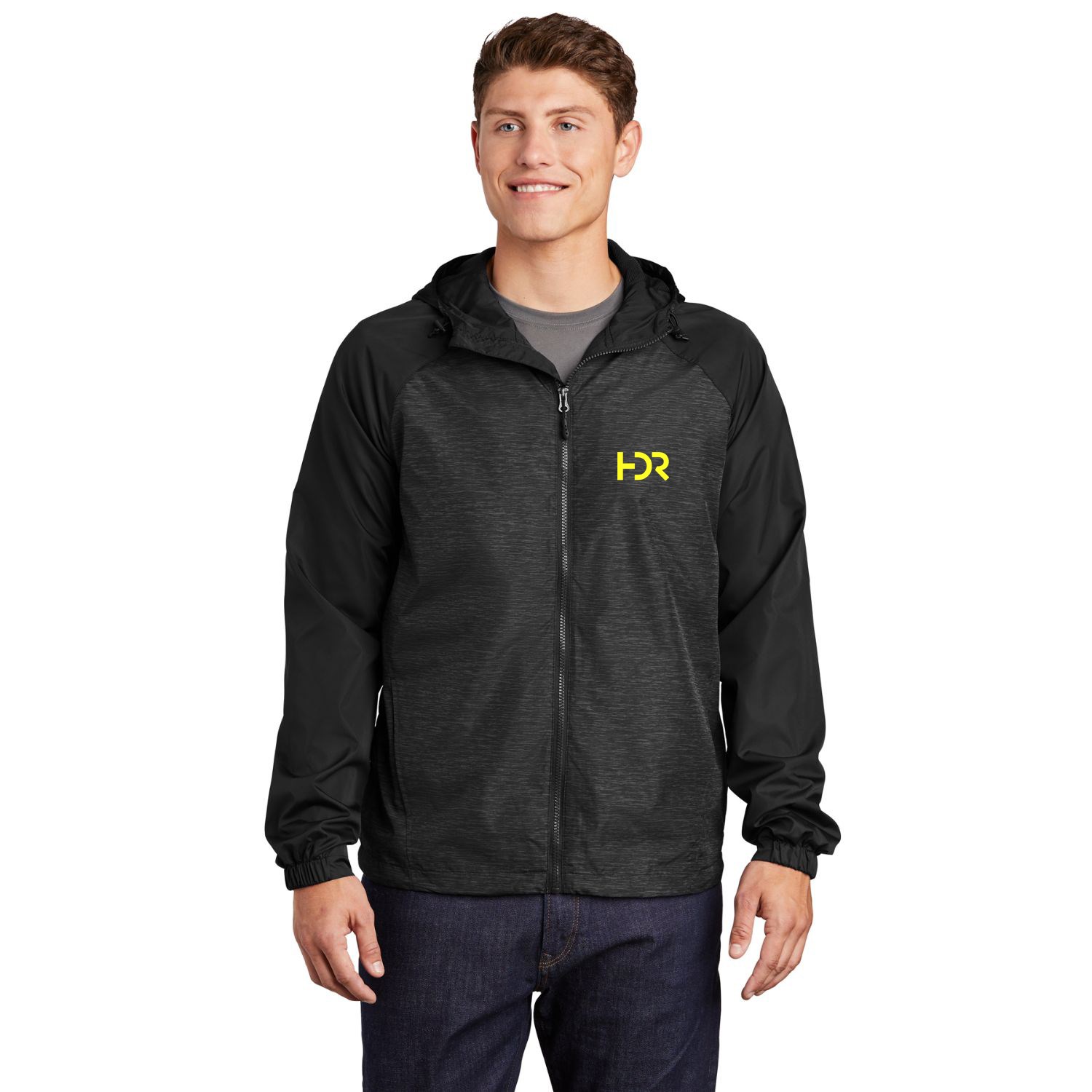 Sport-Tek® Heather Hooded Wind Jacket with Colorblock Raglan Design 2