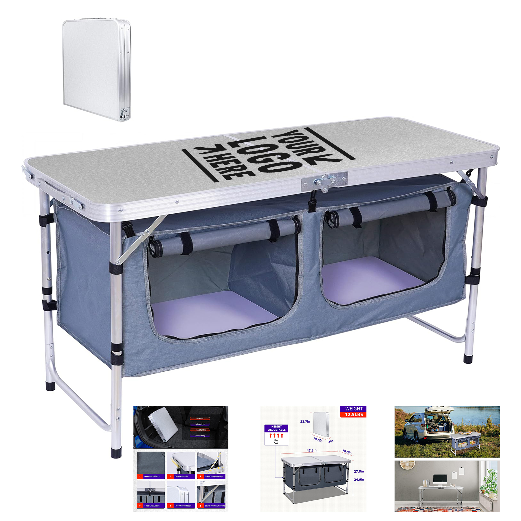 Lightweight Aluminum Height Adjustable Folding Camping Storage Kitchen Table With Carry Handle