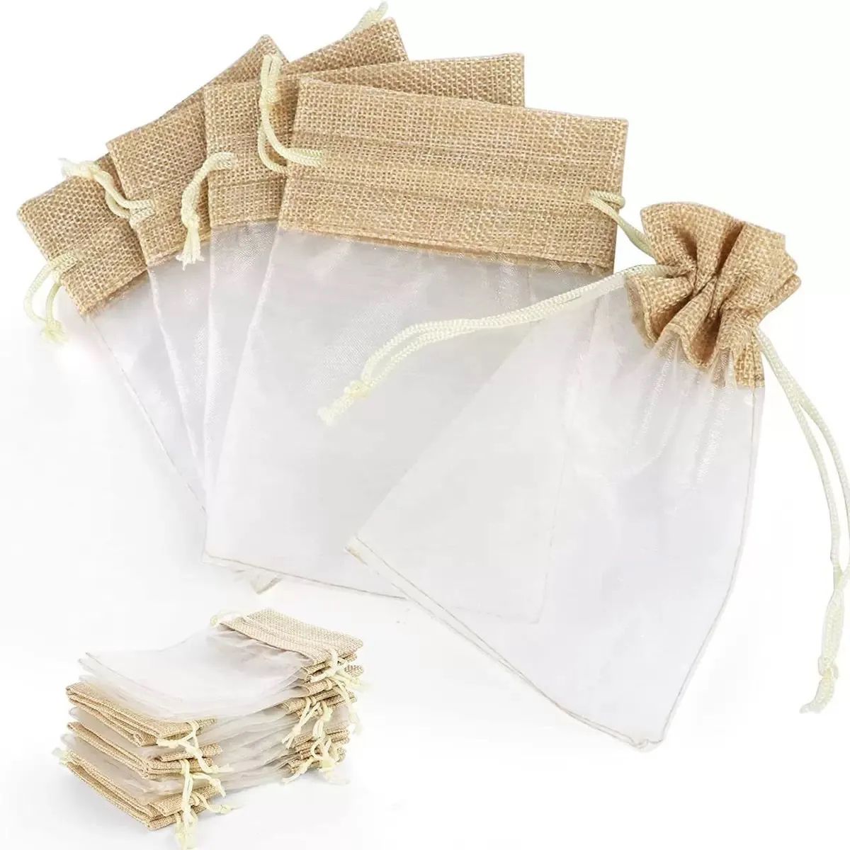 Elegant Linen and Organza Drawstring Pouches 2