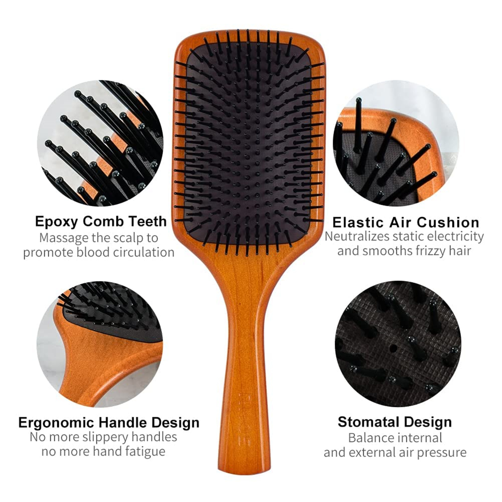Wooden Paddle Hair Brush With Nylon Bristles For Men Women 4