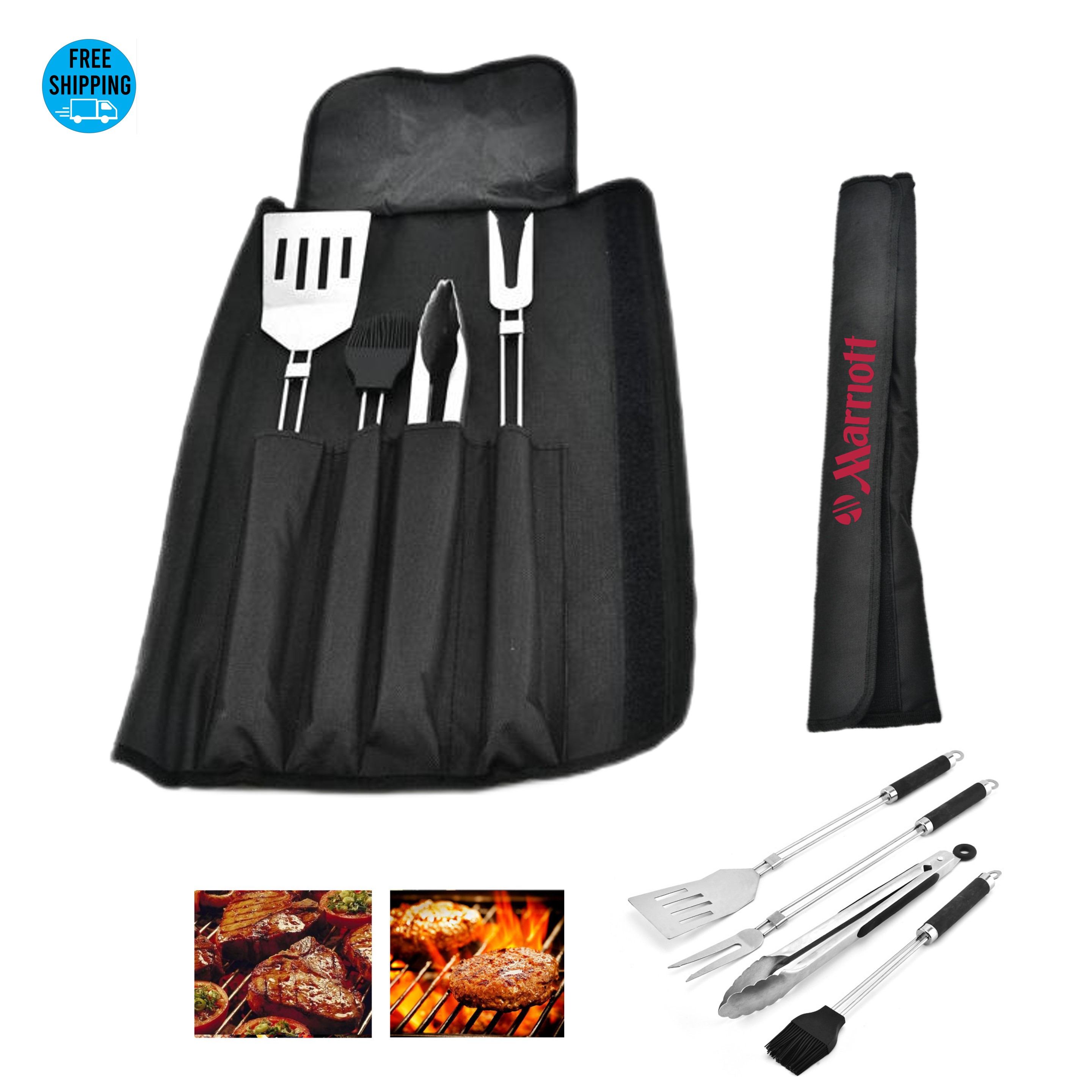 4-Piece Long Handle BBQ Tool Set with Wrap Bag - OCEAN 4