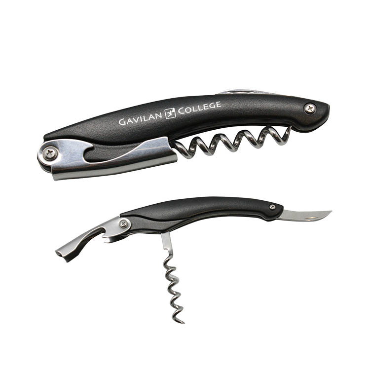 Metal Wine Opener with Corkscrew, Knife, & Black Handle 1