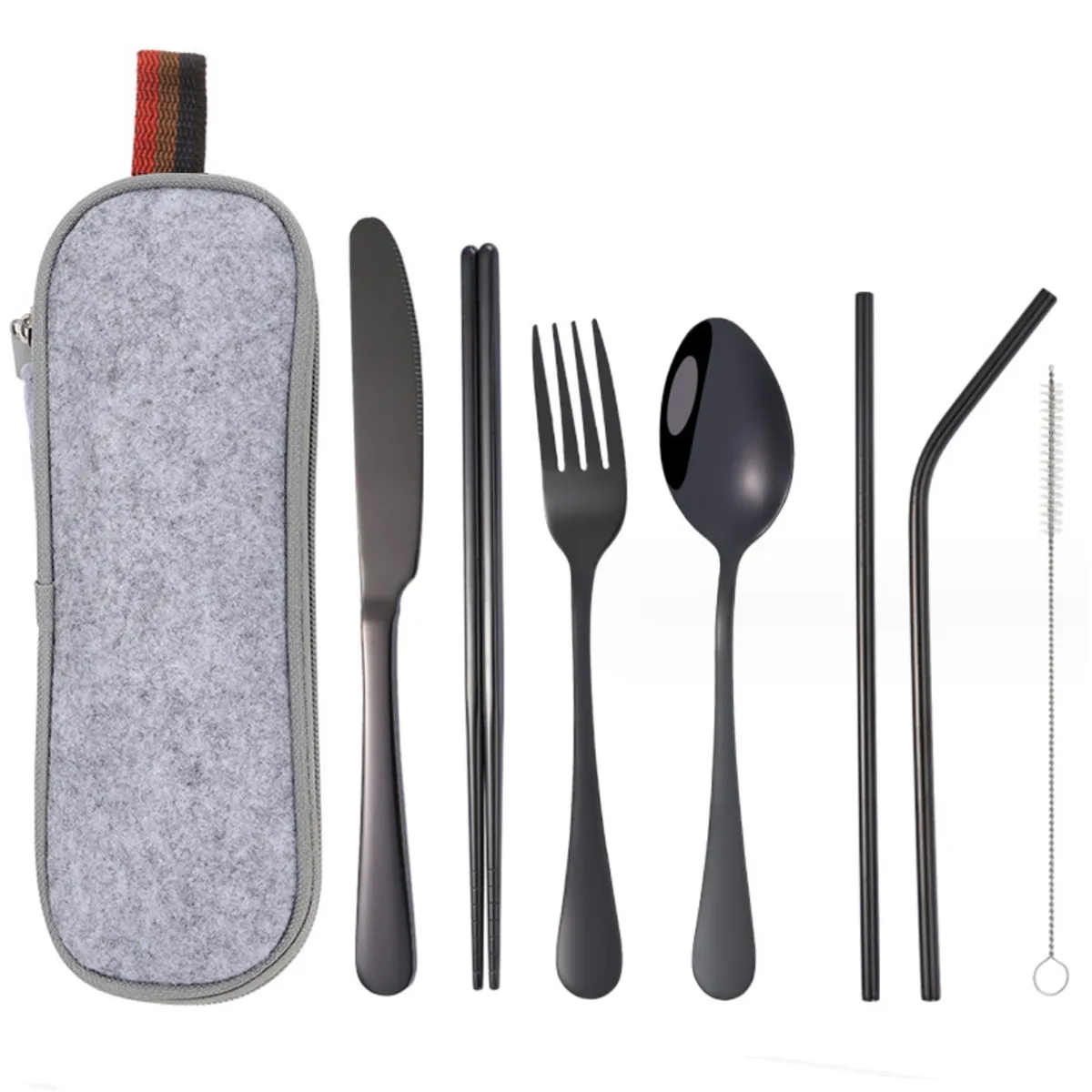 Portable 7 pcs Stainless Steel Cutlery Set w/Felt Bag 1