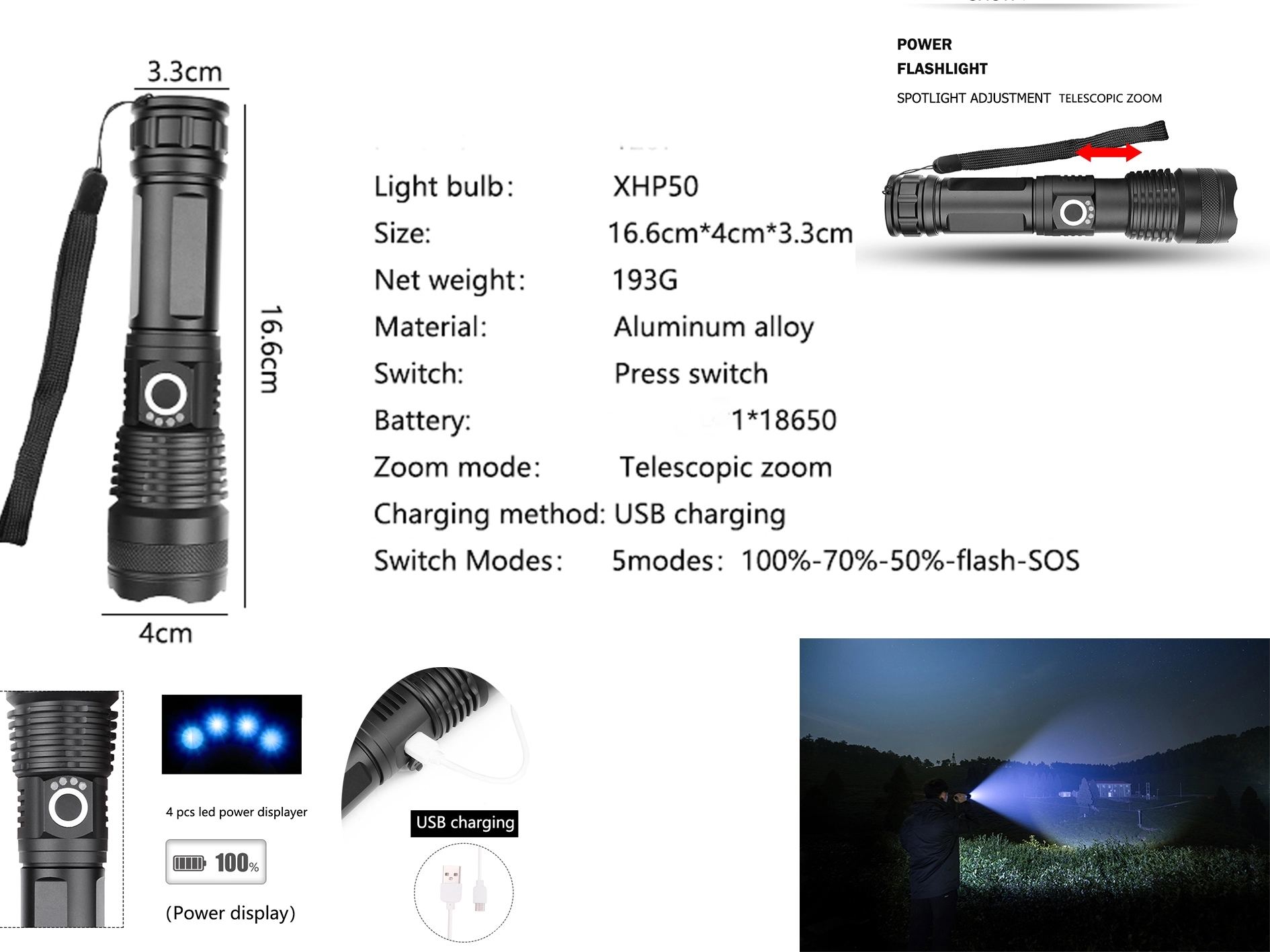 Rechargeable Tactical Flashlight Xhp50 Led 2
