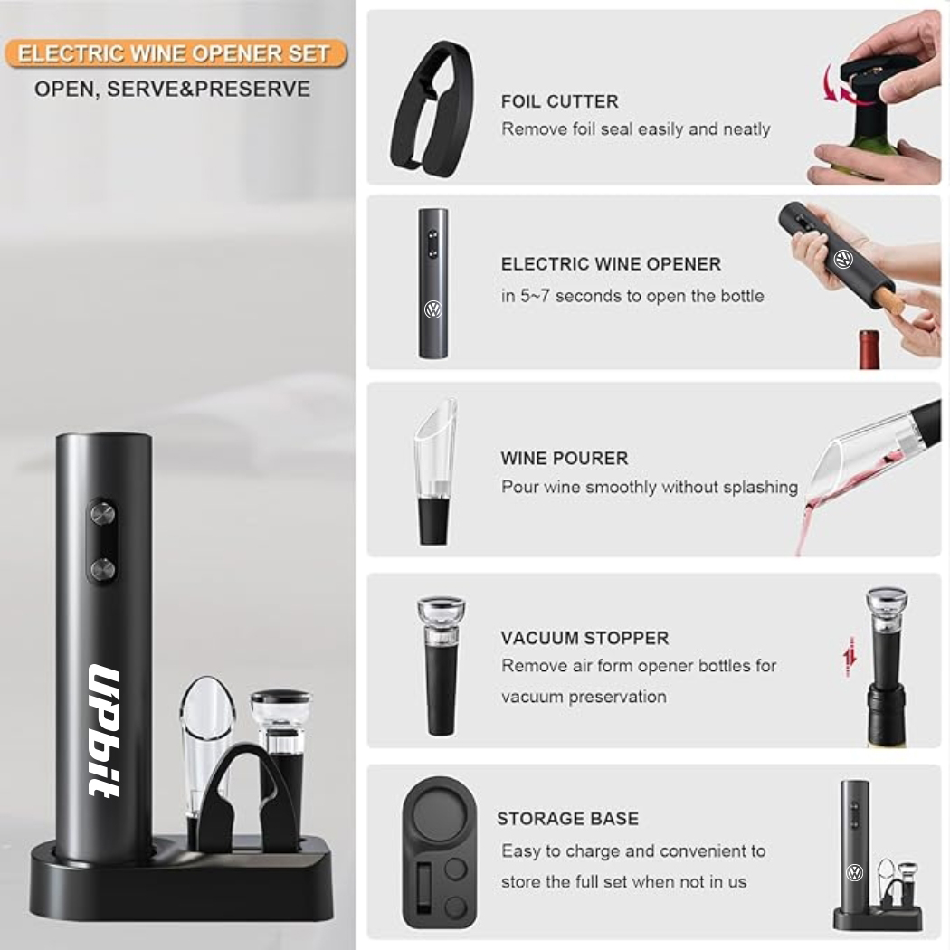 WineVault Electric Wine Opener Set with Pourer, Stopper & Storage Base 8
