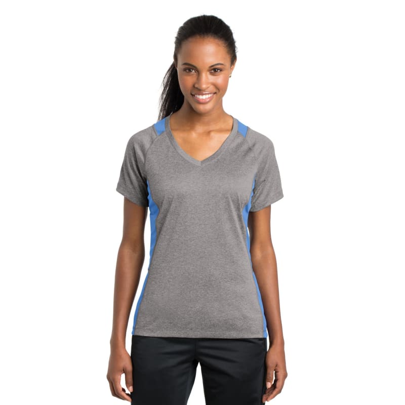 Sport-Tek Women's Heather Colorblock Contender V-Neck Tee. 60