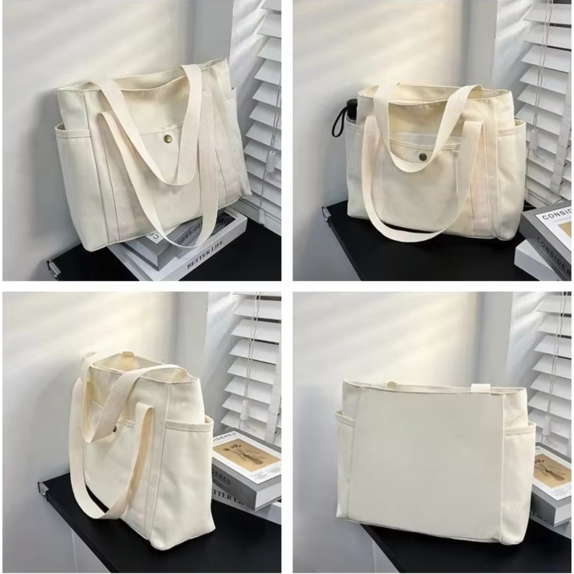 Tote Cotton Canvas Bag With Pockets Solid Large Capacity For Woman, custom tote bag with logo imprint 2