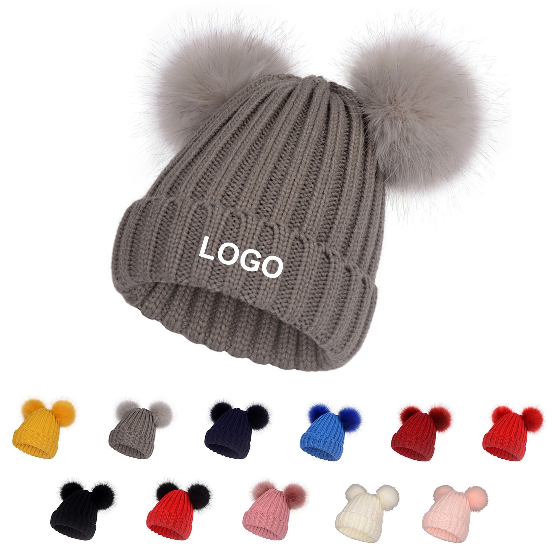 2 Pom Ears Knit Winter Fleece Hat 2