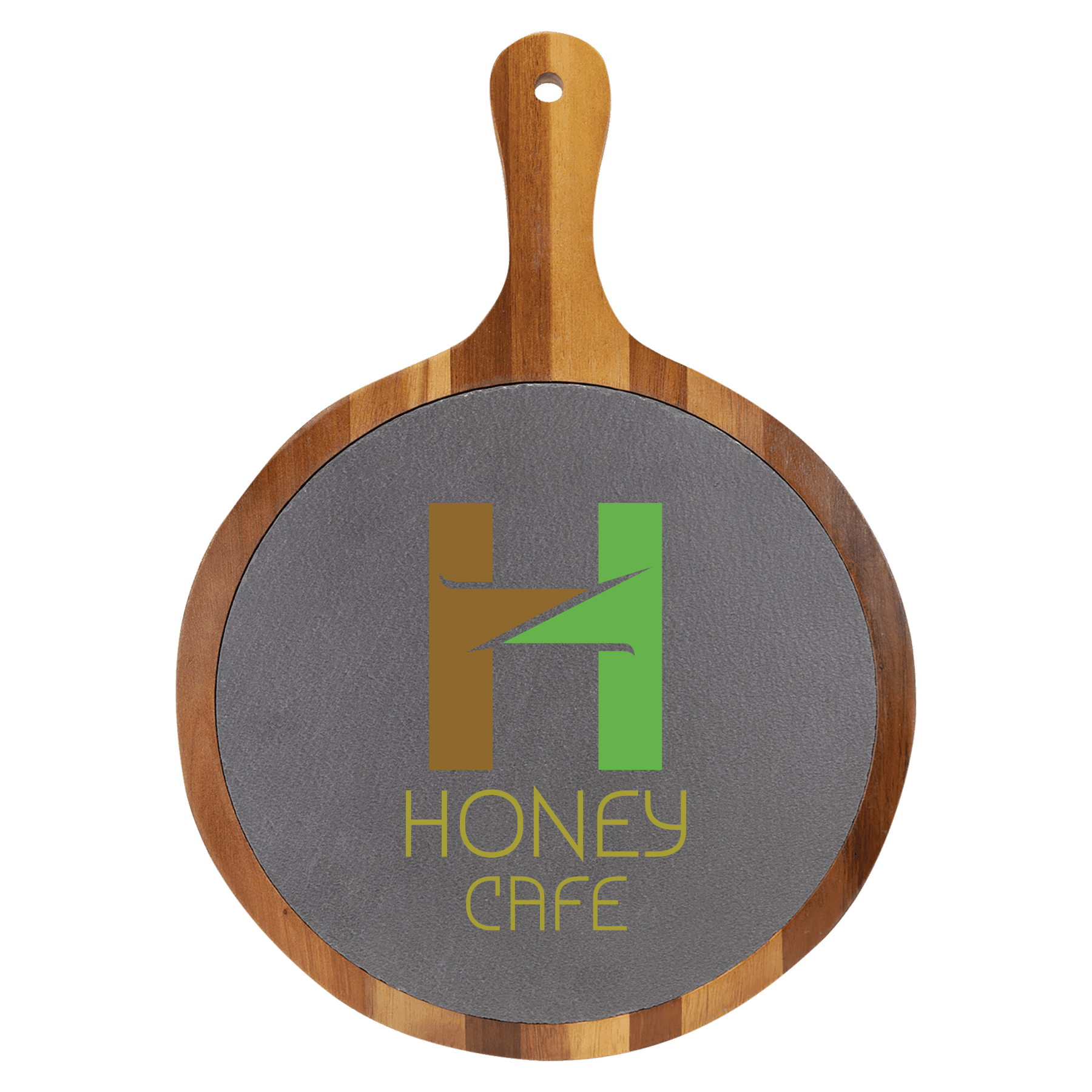 14 1/2" x 10 1/2" Round Acacia Wood/Slate Serving Board with Handle 3