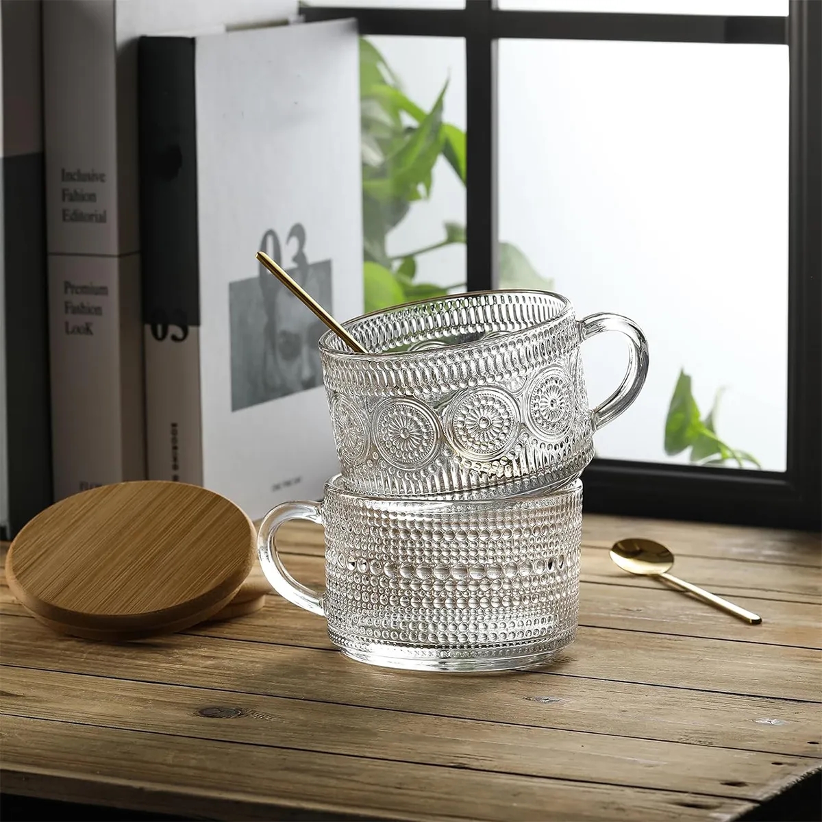 14oz Embossed Glass Iced Coffee Mugs Cups with Lids 3