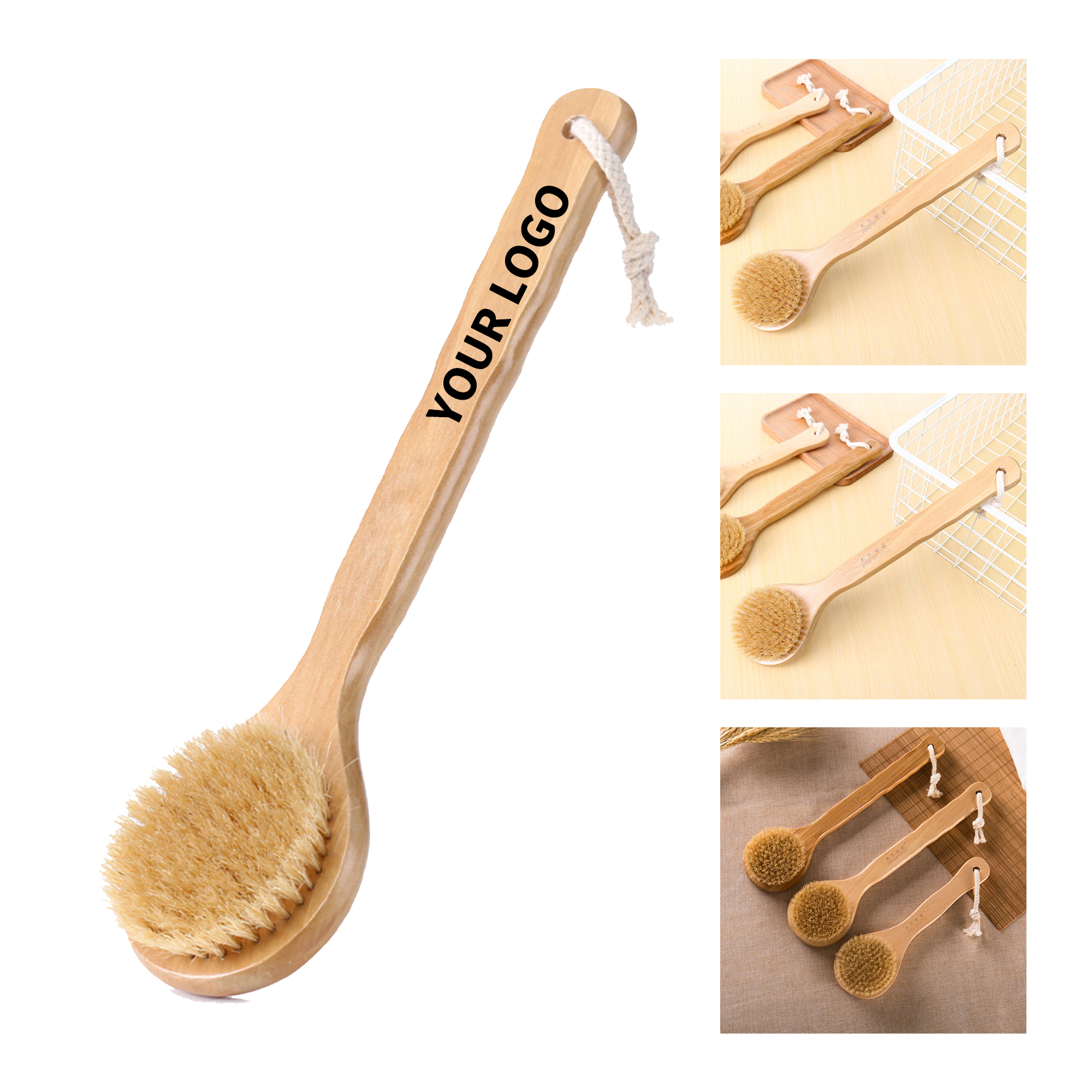 Natural Bristle Bath Brush With Long Wooden Handle 13" Length X 3.35" Width X 0.98" Heig 1