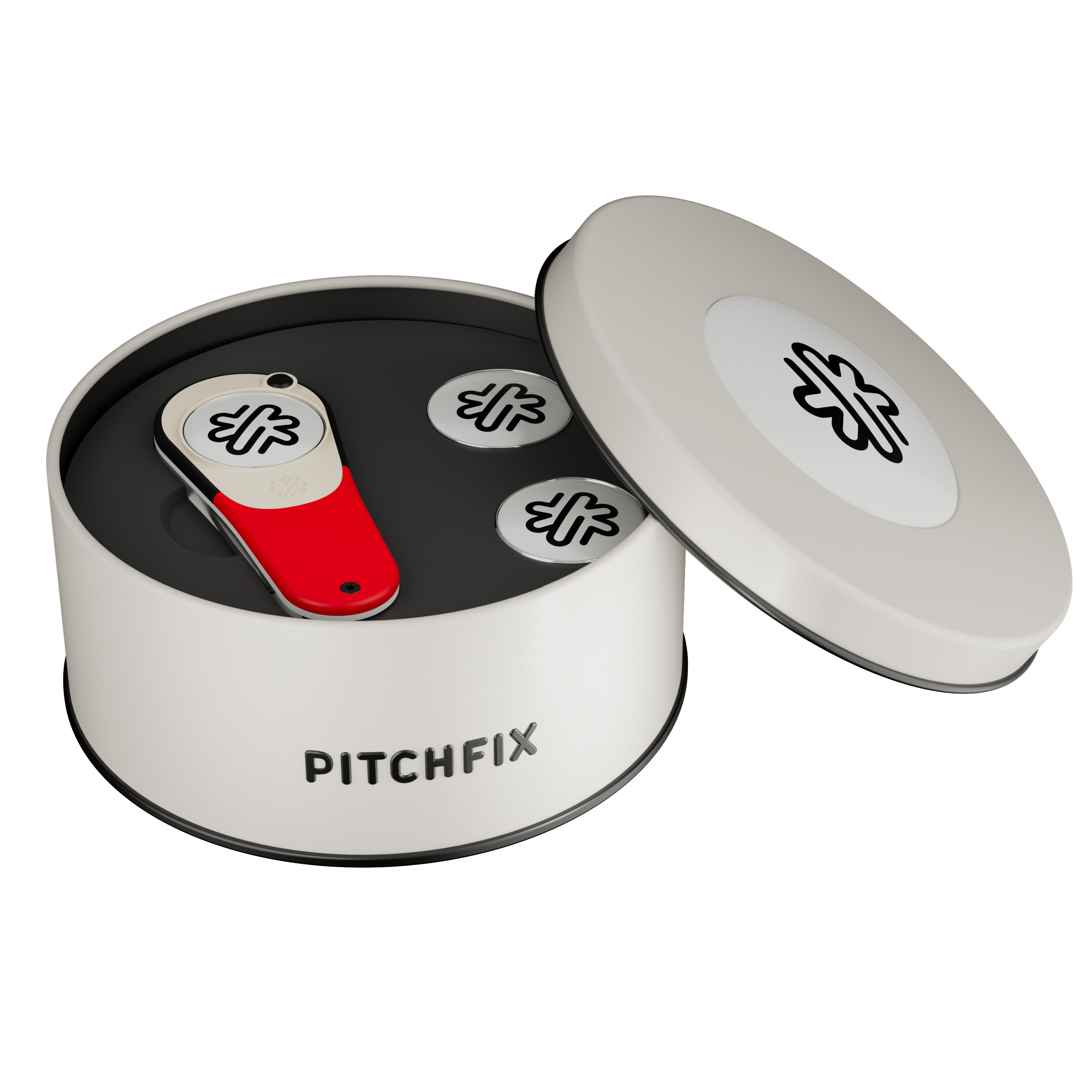 Pitchfix Icon Golf Divot Tool in Round Tin with Two Extra Ball Markers 1