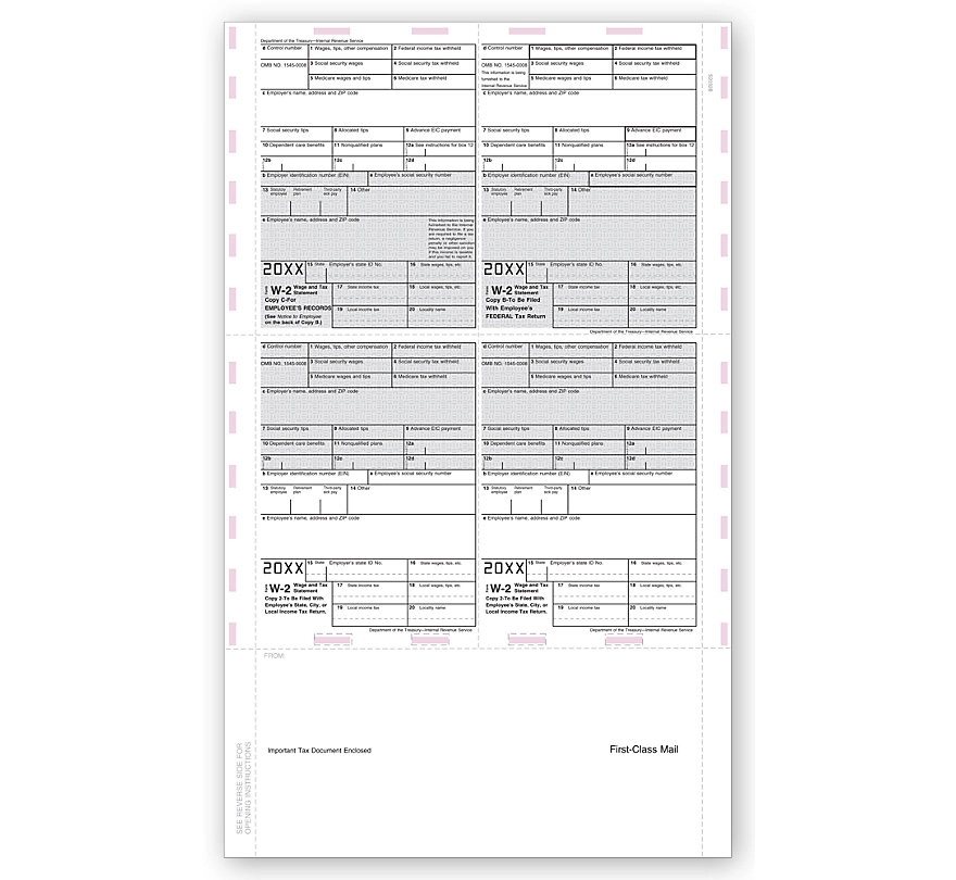 W-2 Tax Forms, 14" 4-Up Laser, Pressure Seal 1