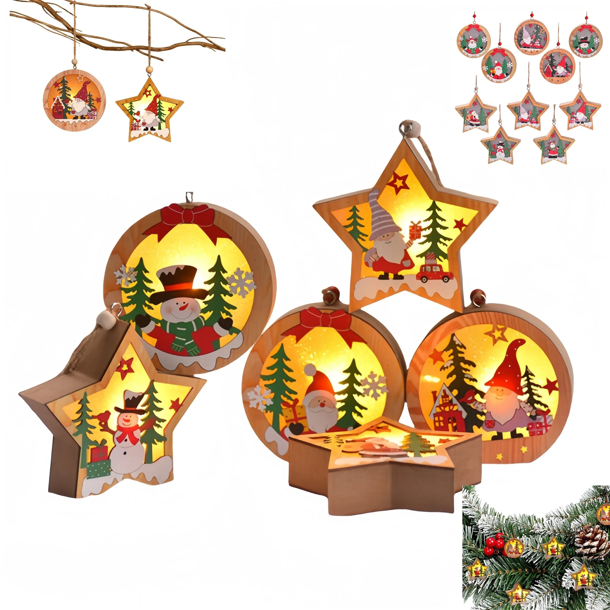 Christmas Ornaments LED Wood Star Round Luminous 2