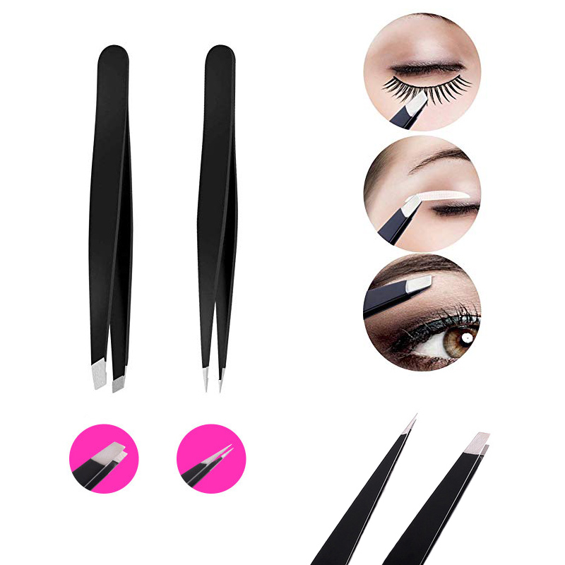 Stainless Steel Slant Tip & Pointed Eyebrow Tweezer Set 1