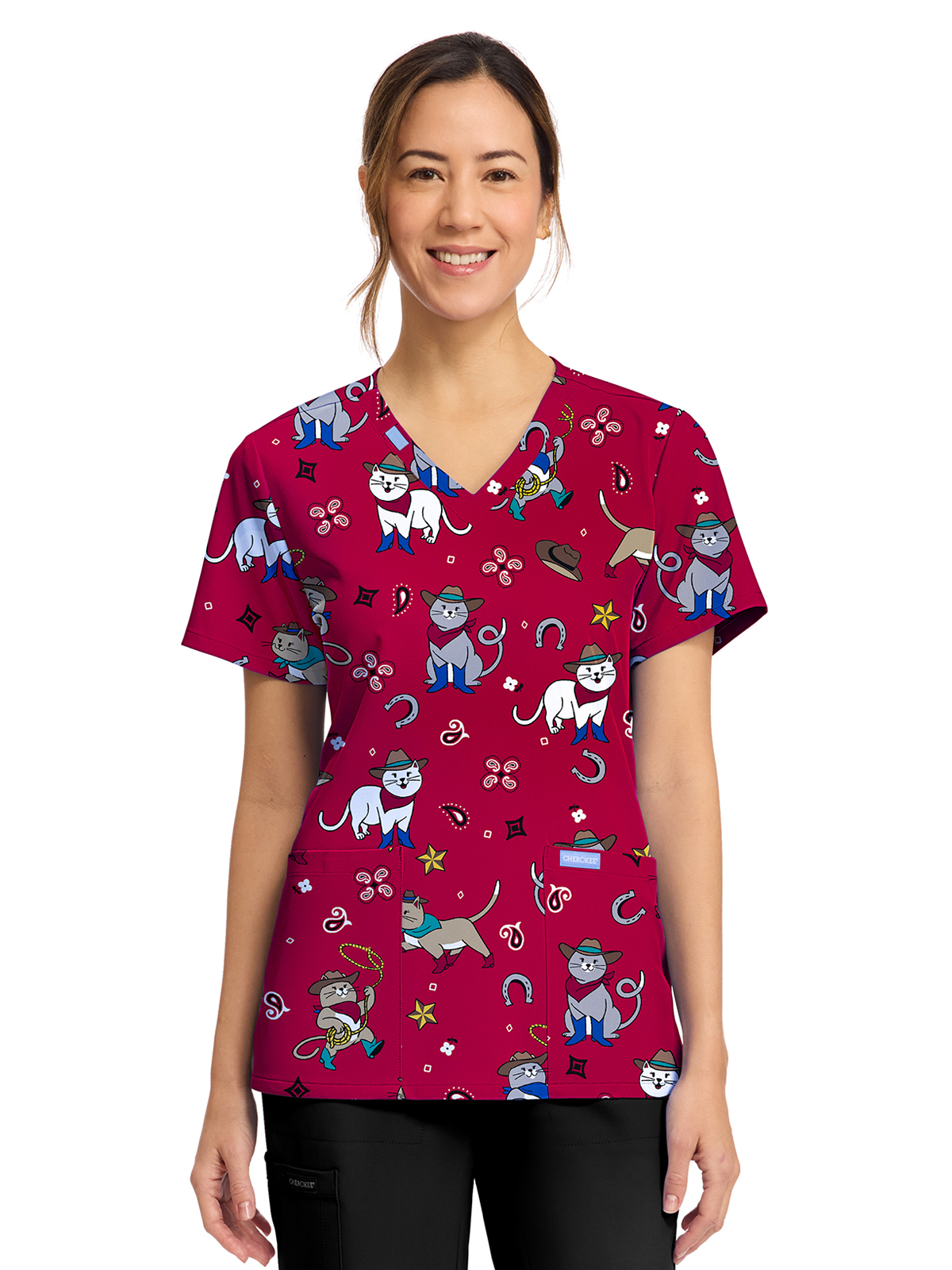 Cherokee - Genuine - Women's 2-Pocket Print V-Neck Scrub Top 20