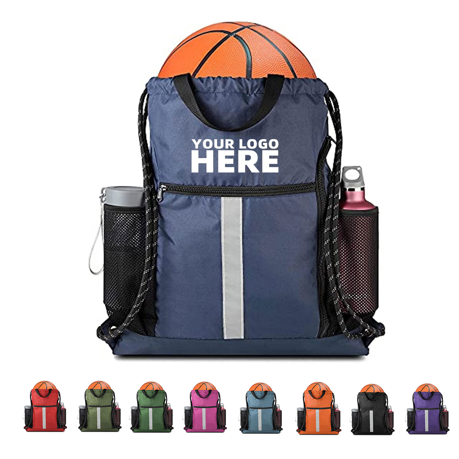 Drawstring Reflective Ball Backpack With Bottle Holder 2