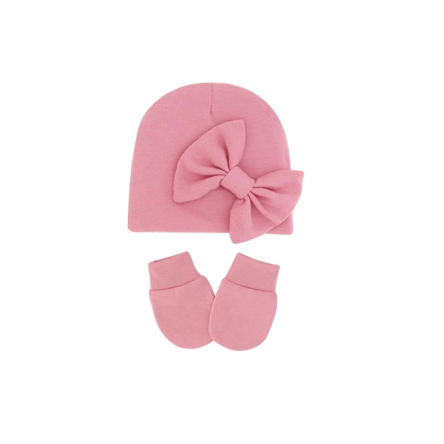 0-6 Months Solid Color Anti Scratch Gloves Bow Baby Hat 6
