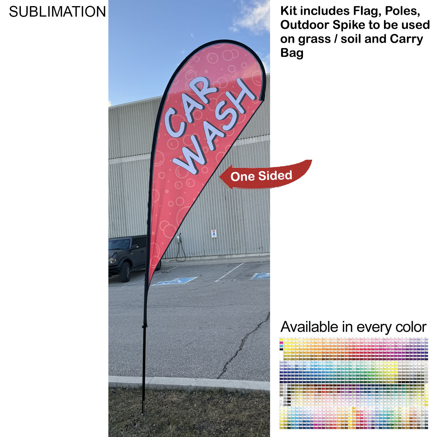 12' Medium Tear Drop Flag Kit, Full Color Graphics One Side, Outdoor Use Spike base and Bag Included 10