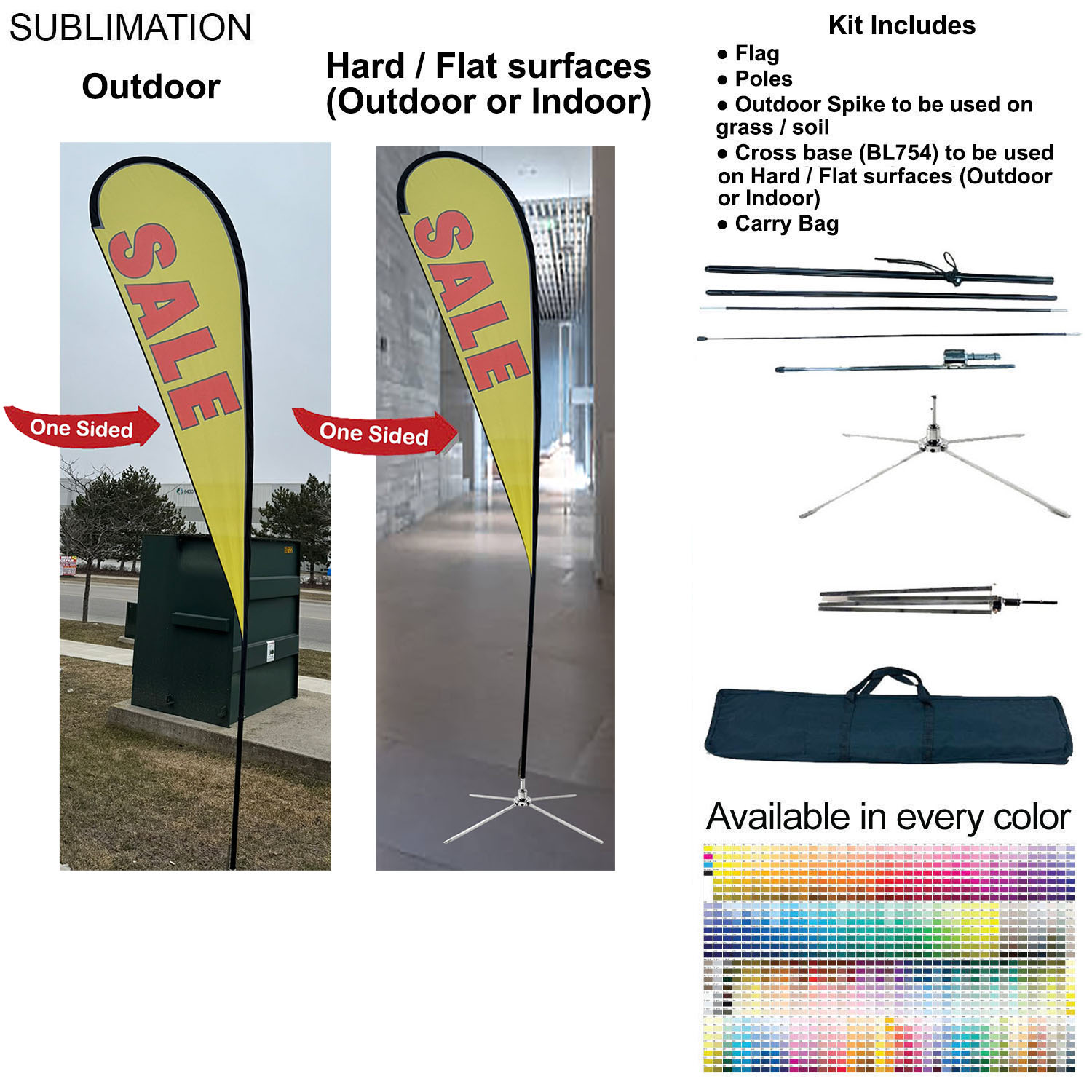 13.5' Large Tear Drop Flag Kit, Full Color Graphics One Side, Outdoor Spike base, Indoor Cross Base 7