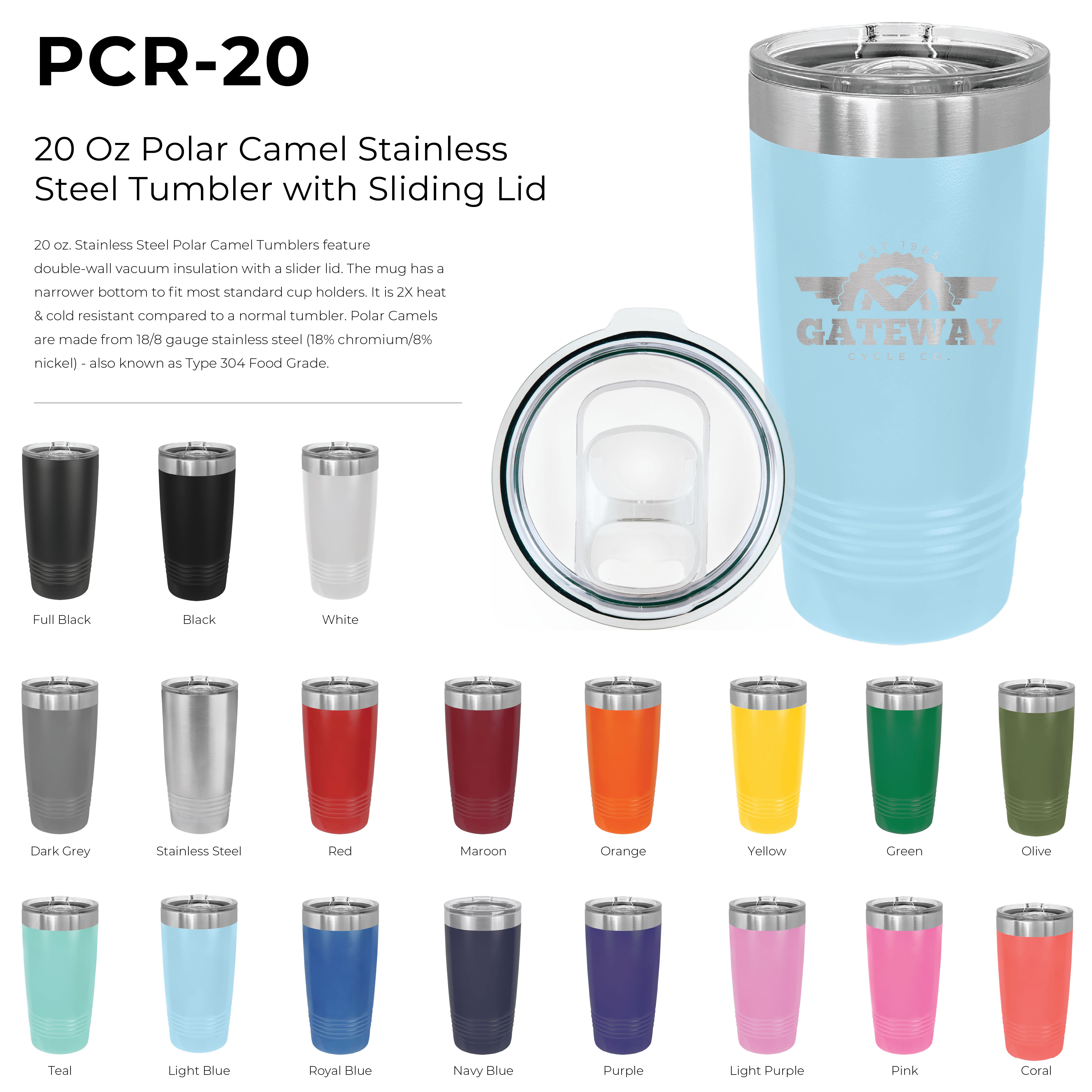 20 Oz Polar Camel Stainless Steel Tumbler with Sliding Lid 43