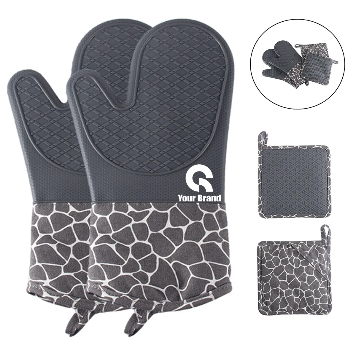 Soft Anti Slip Solid Silicone Oven Mitts And Pot Holders Set 2