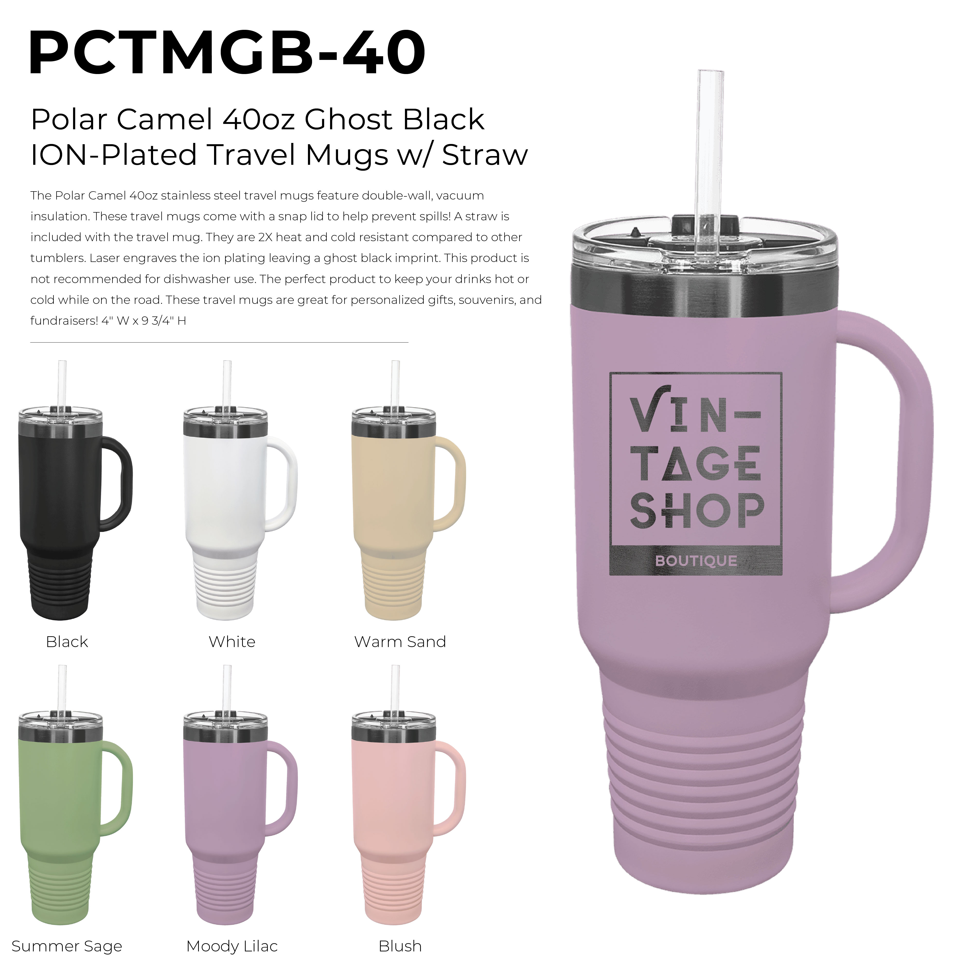 Polar Camel 40oz Ghost Black ION-Plated Travel Mugs w/ Straw 6