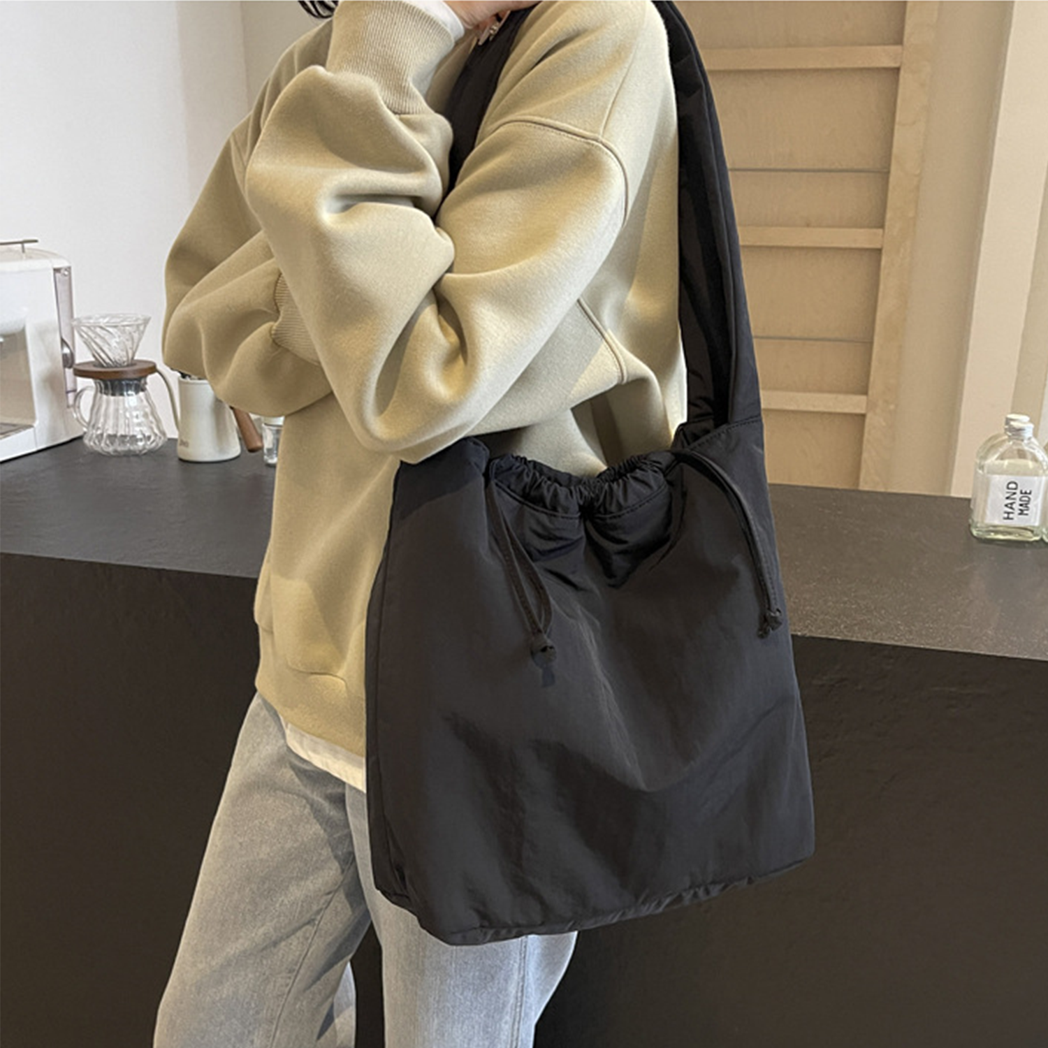 Lightweight Nylon Drawstring Shoulder Tote Bag 6