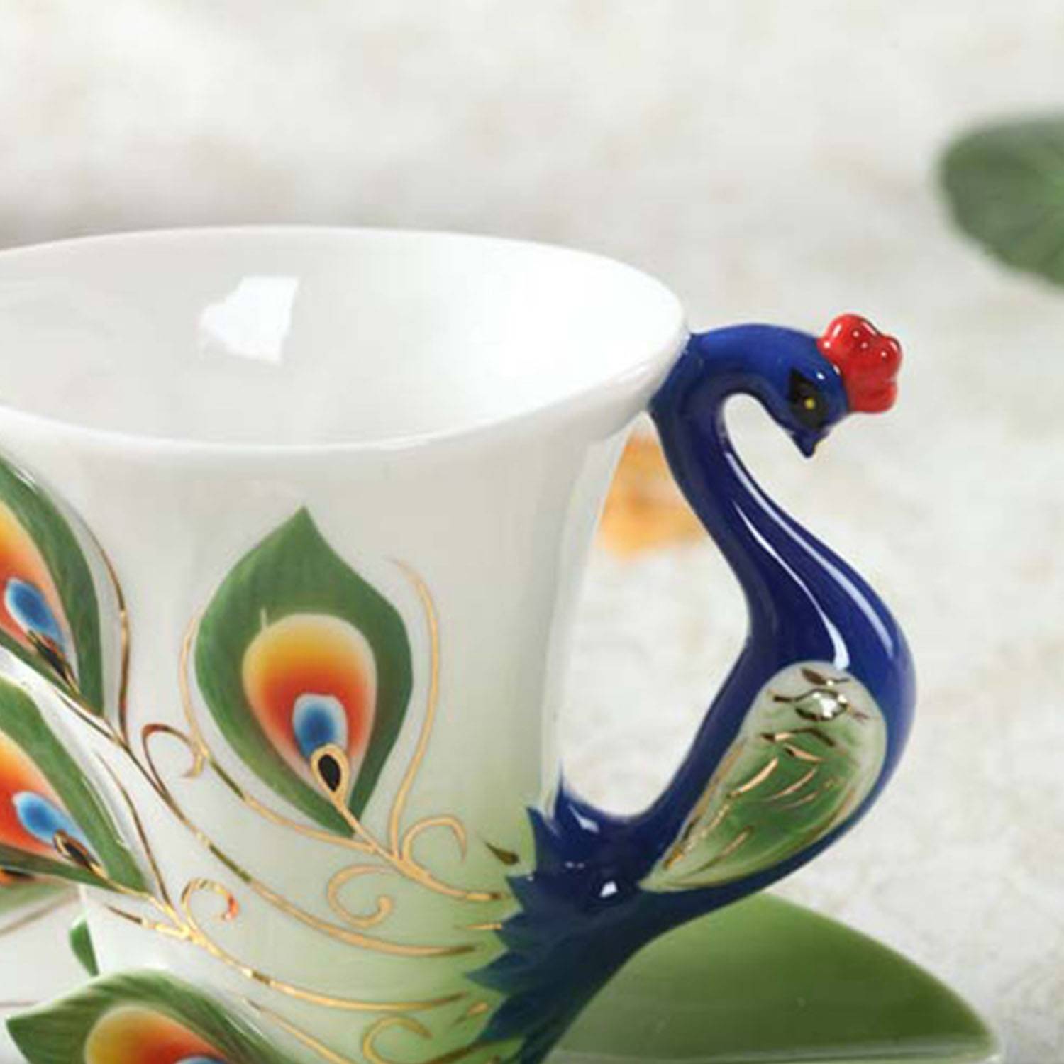 Enamel china peacock coffee cup and saucer tea set 6