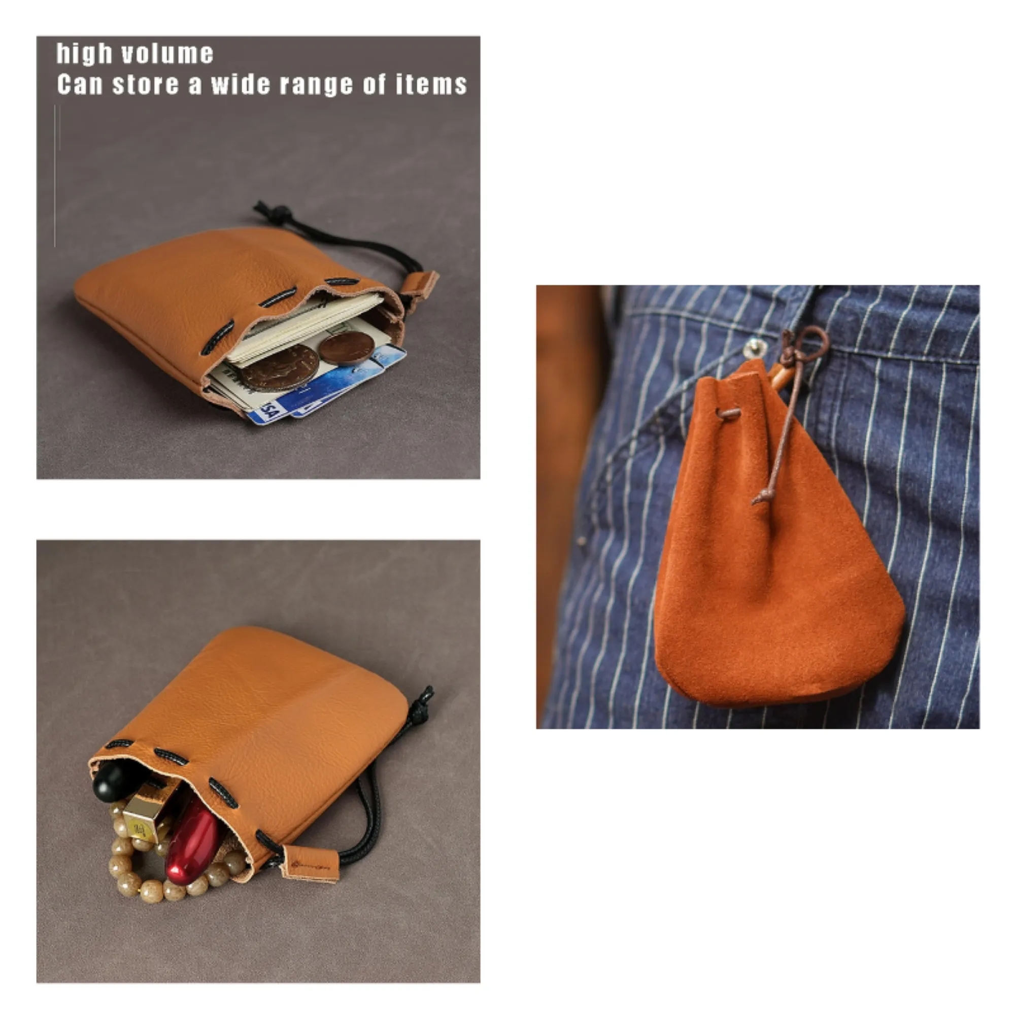 True Leather Drawstring Closure Portable Coin 5