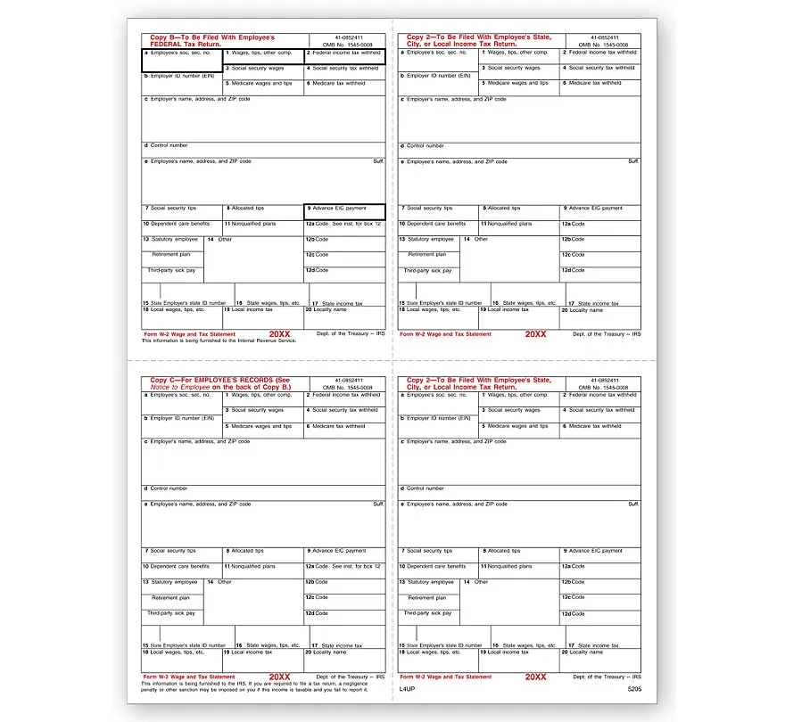 W-2 Tax Forms Set, 4-Up 1