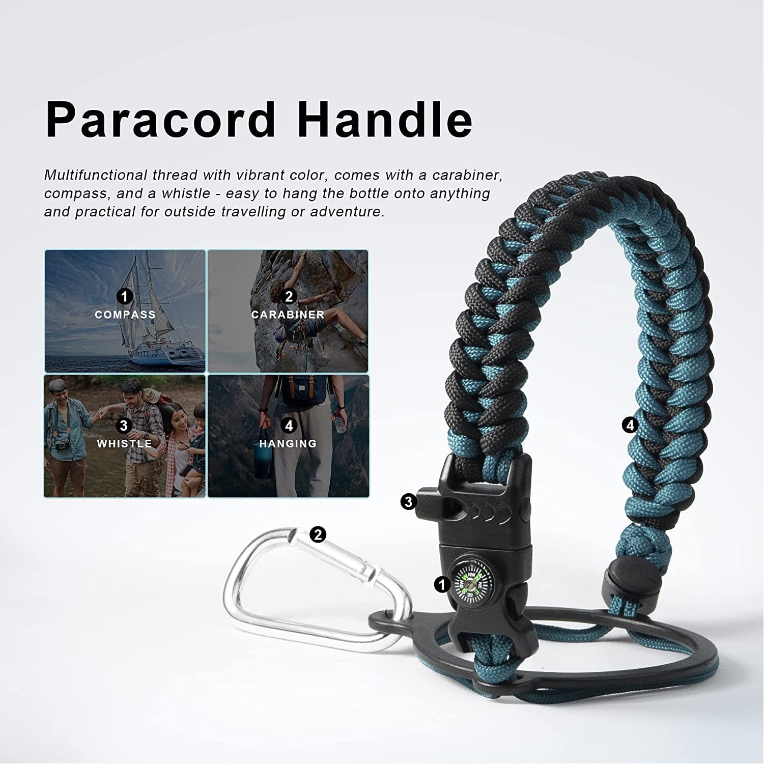 Water Bottle Insulated with Paracord Handle & 3 Lids, 64oz Water Jug Big Large Metal Stainless Steel 3