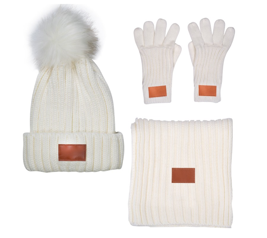 3 Pc. Rib Knit Fur Pom Winter Set 3