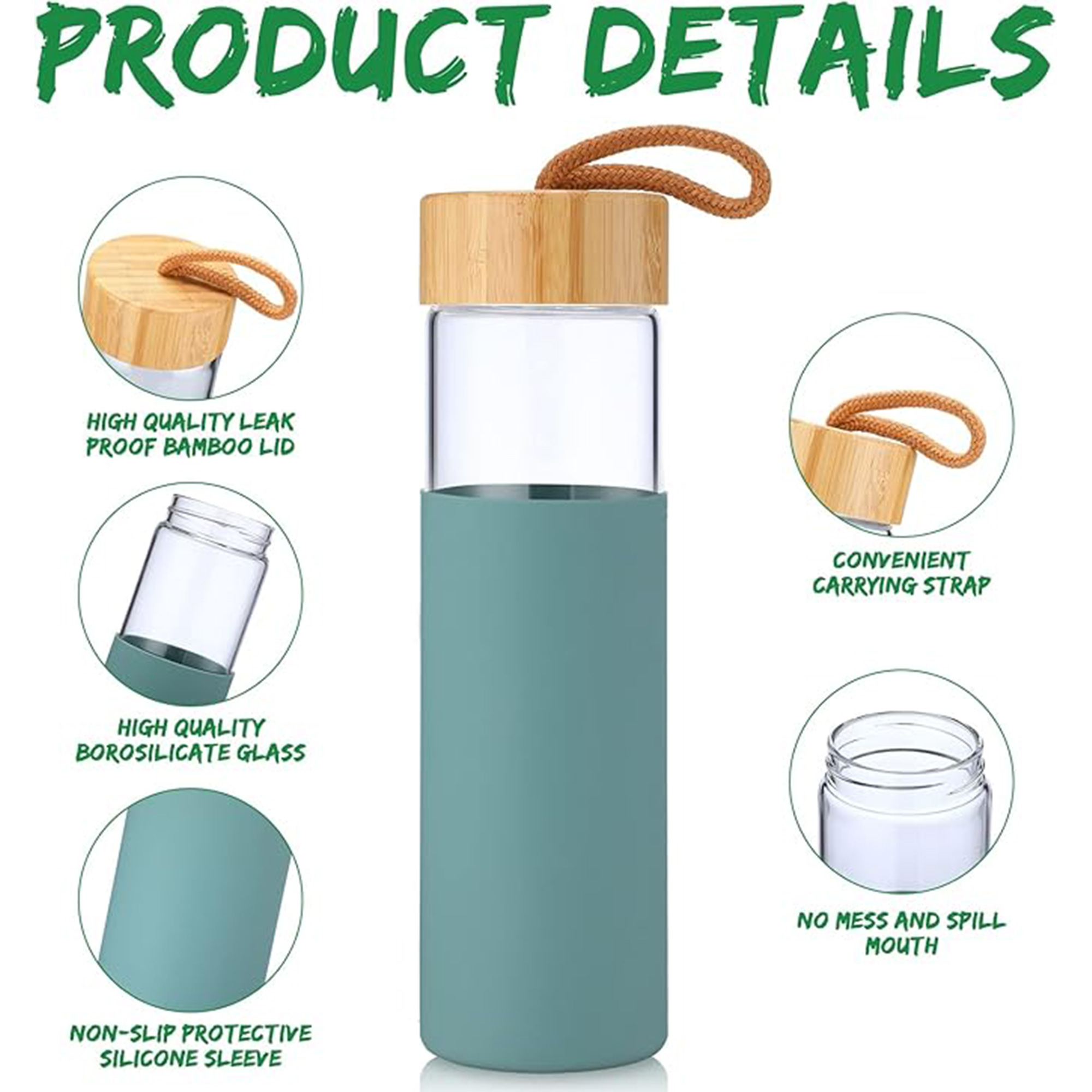 16 oz Bamboo Lid Glass Water Bottle with Silicone Sleeve 3