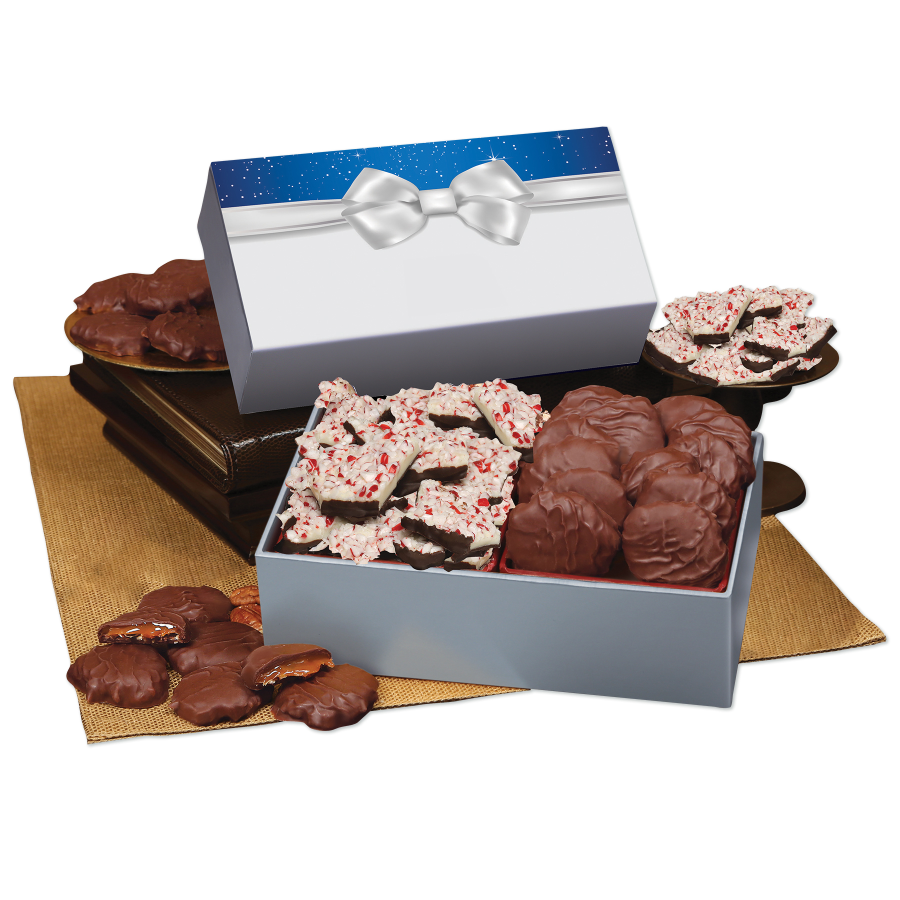 Peppermint Bark & Pecan Clusters in Gift Box with Bow Sleeve 2