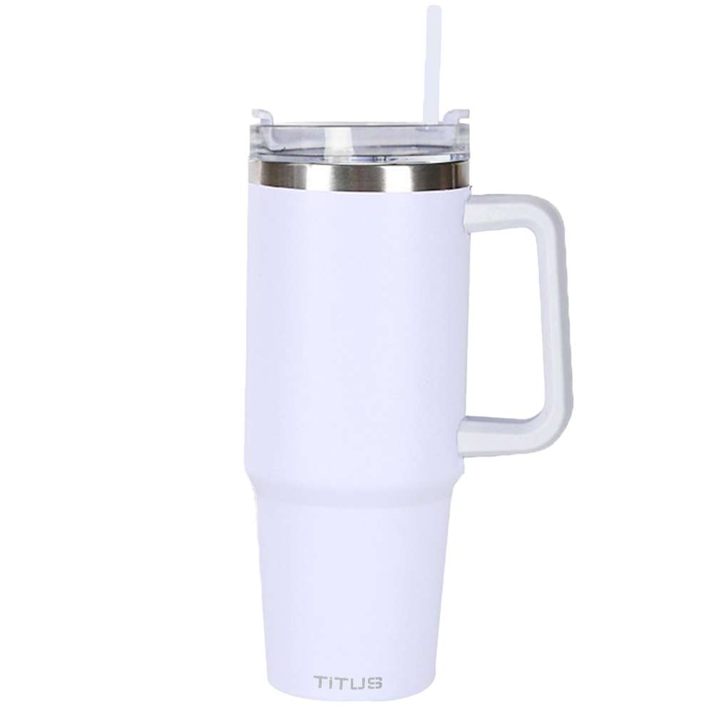 Premium 30 oz TiTUS® Double Wall Stainless Steel Insulated Travel Mug with Straw & Handle