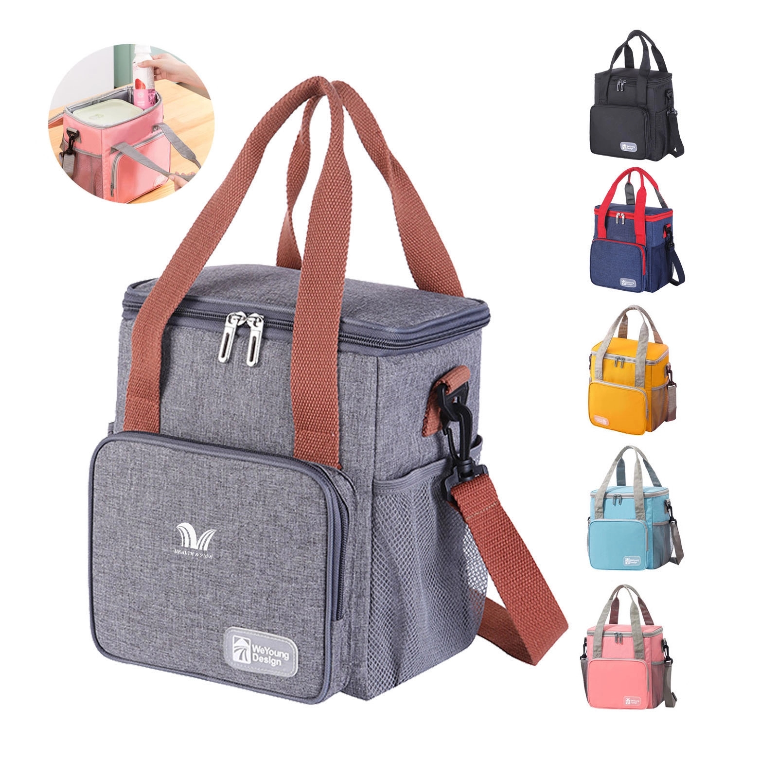 Portable Lnsulated Lunch Bag w/ Mesh Pocket 6