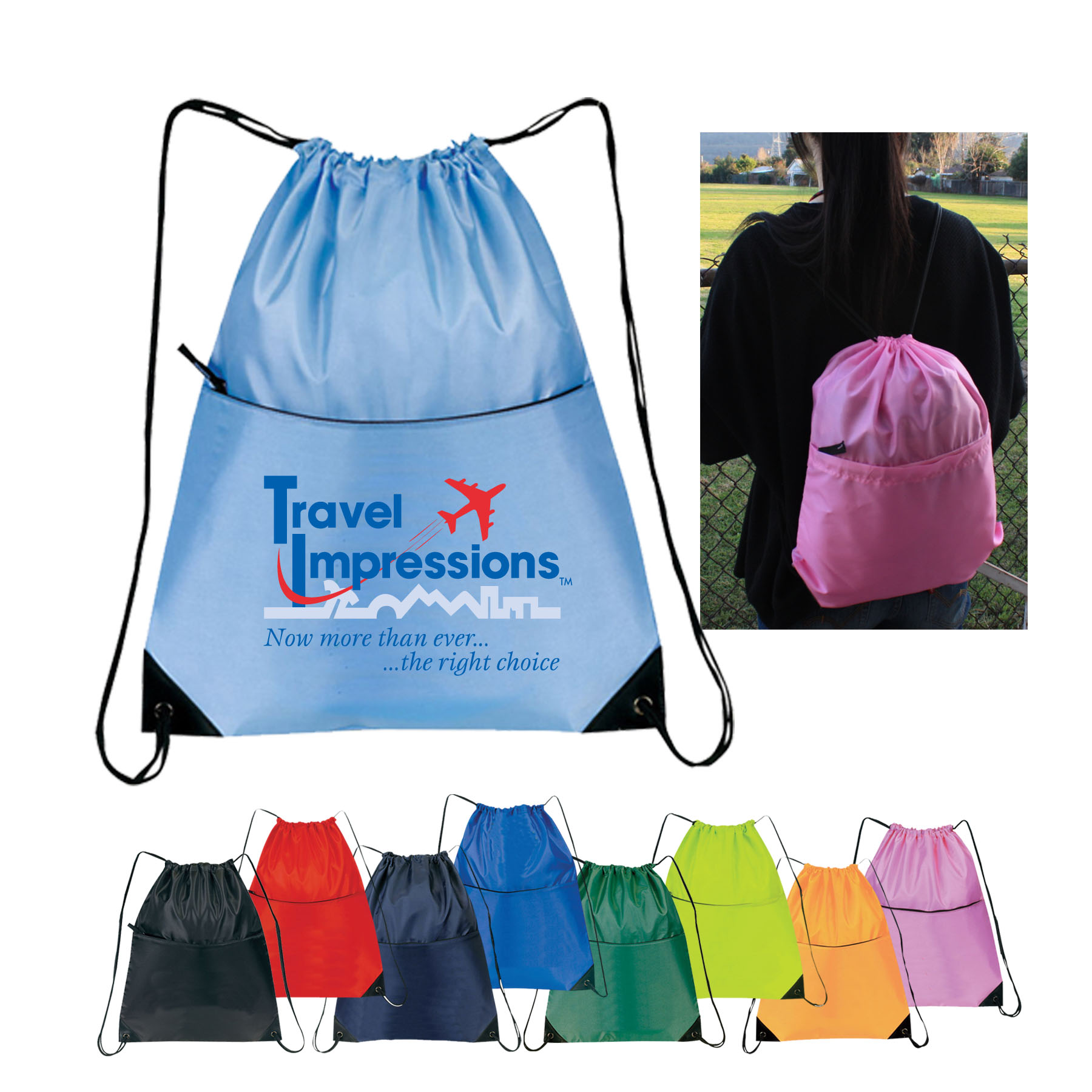 210D Nylon Zippered Drawstring Backpack 2