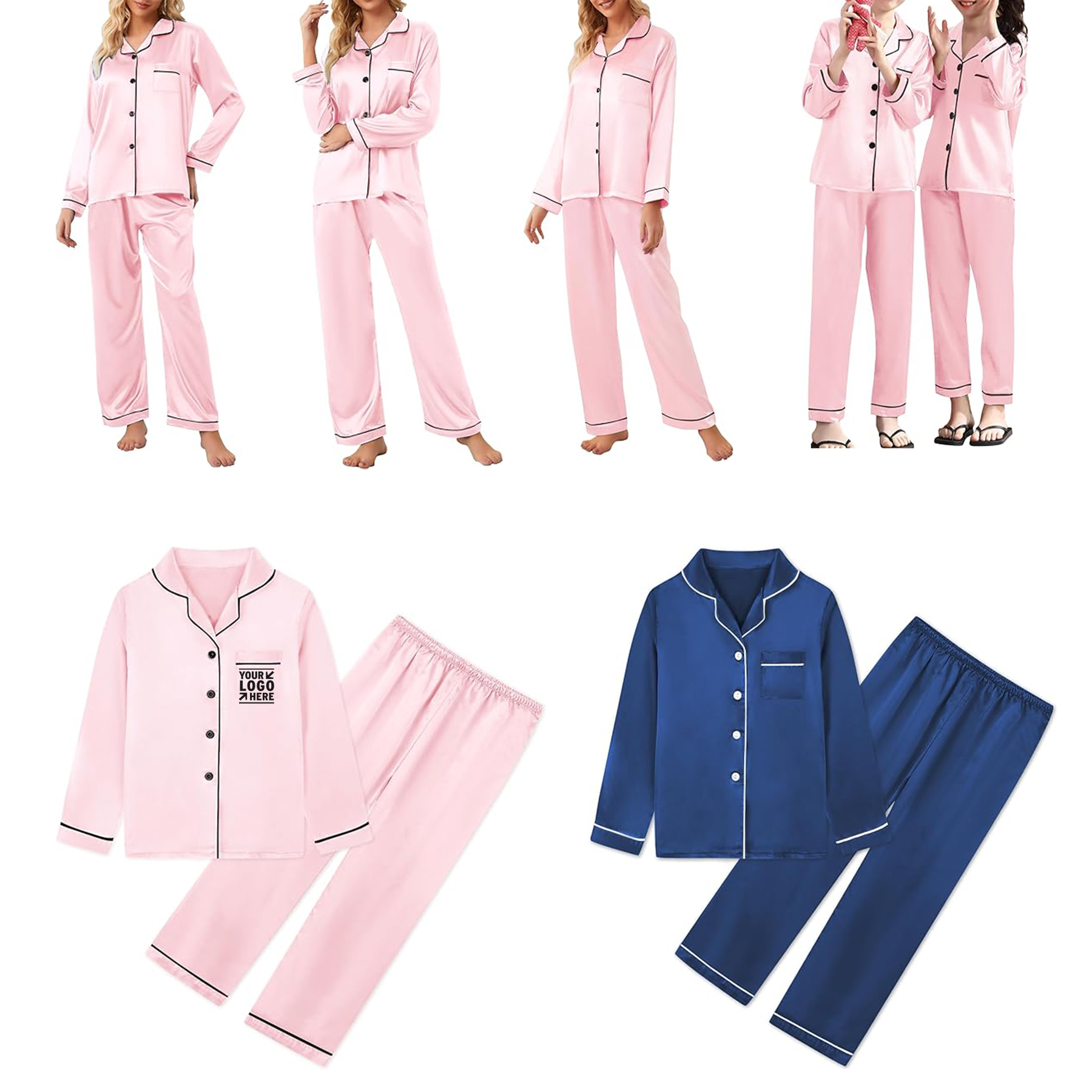 Girls Boys Women Satin Pajamas Set Long Sleeve Silky Button Down Sleepwear 2