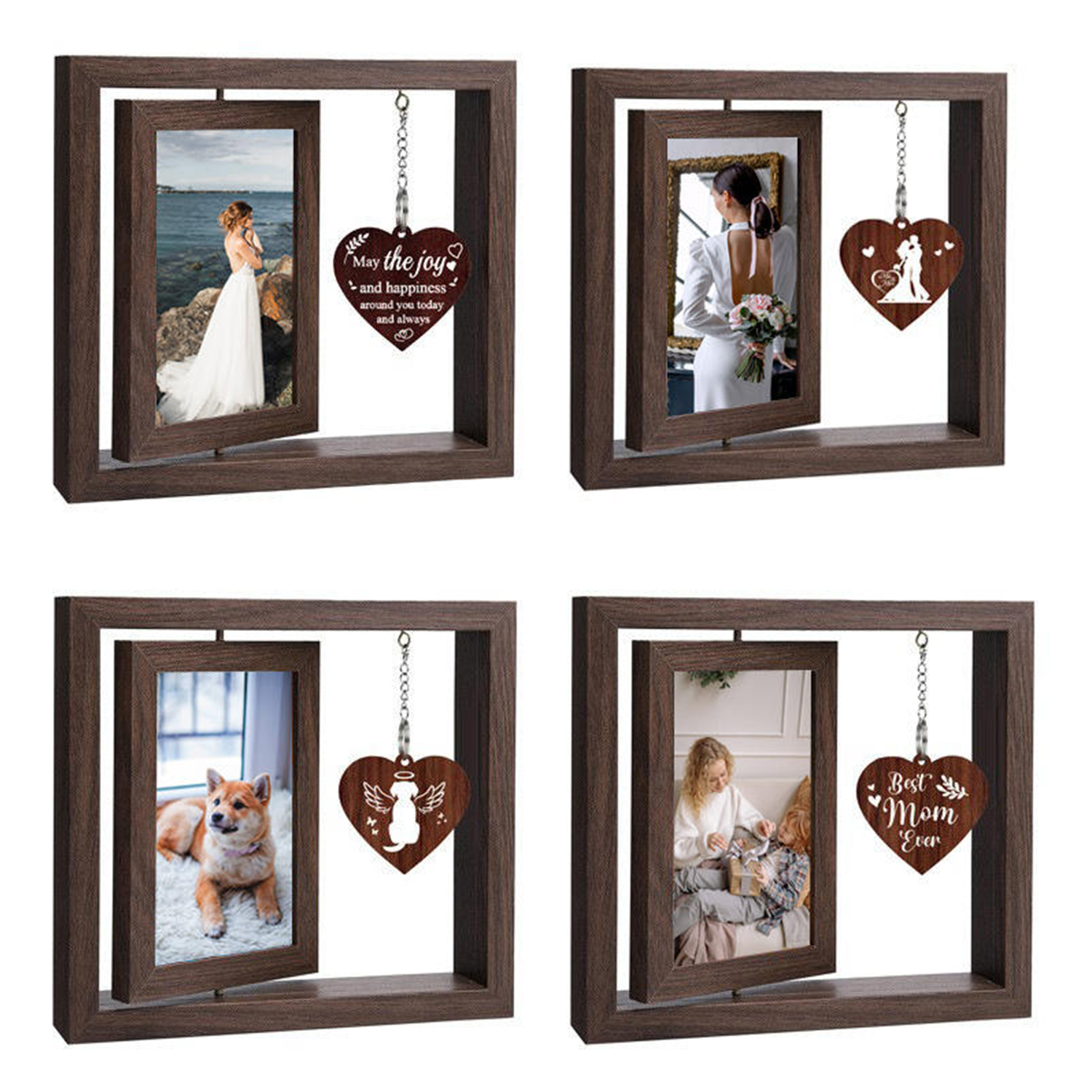 Custom Wooden Rotating Dual-Side Photo Frame w/Heart Pendant 4