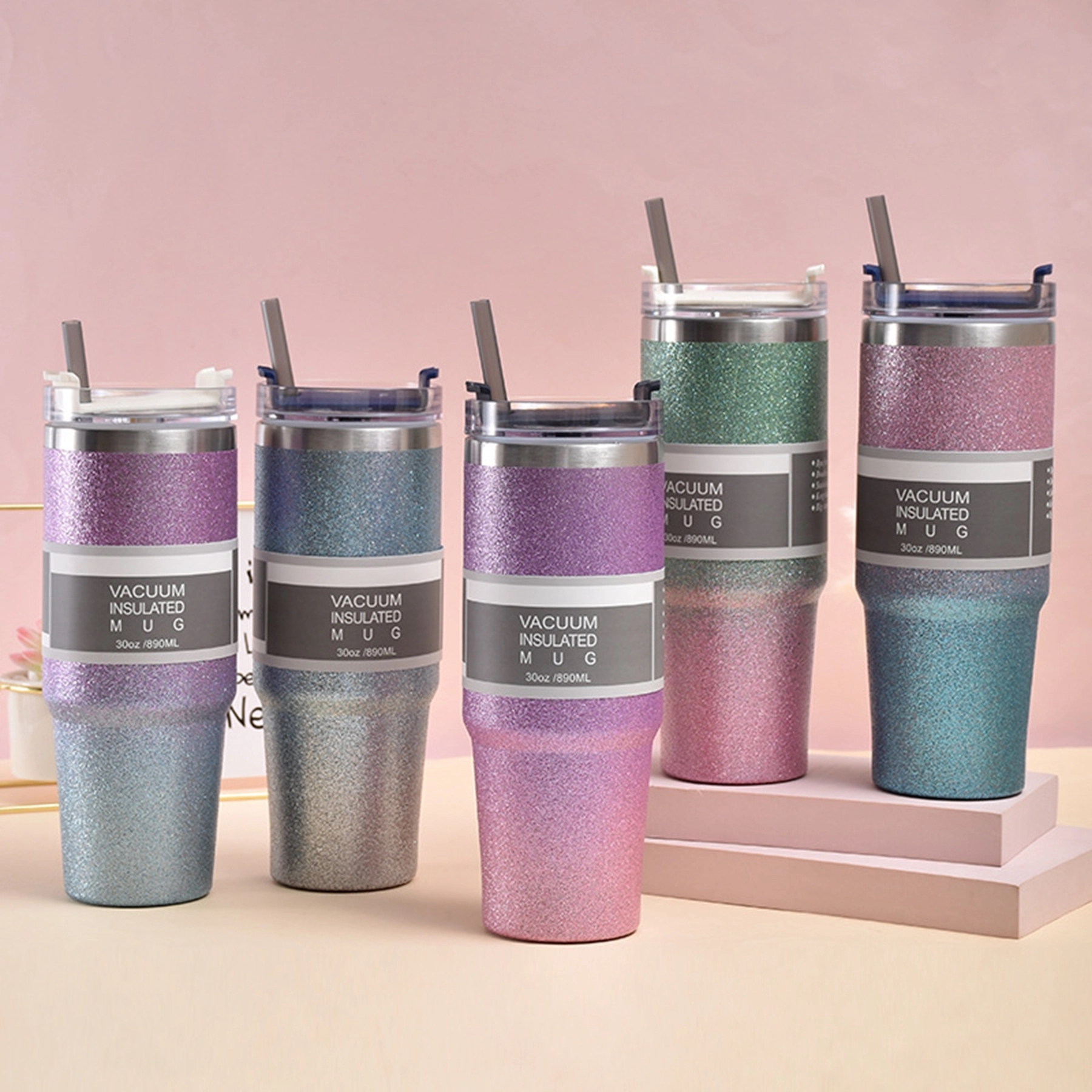 30oz Double Wall Glitter Coffee Tumbler with Straw & Lid 9